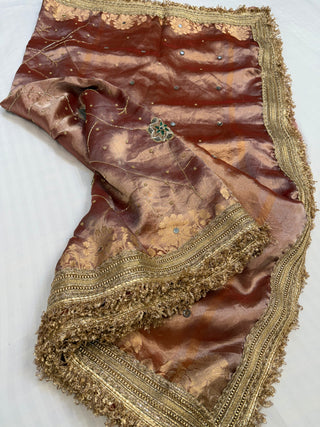 Cocktail wali saree - English peach tissue silk hand embroidered saree