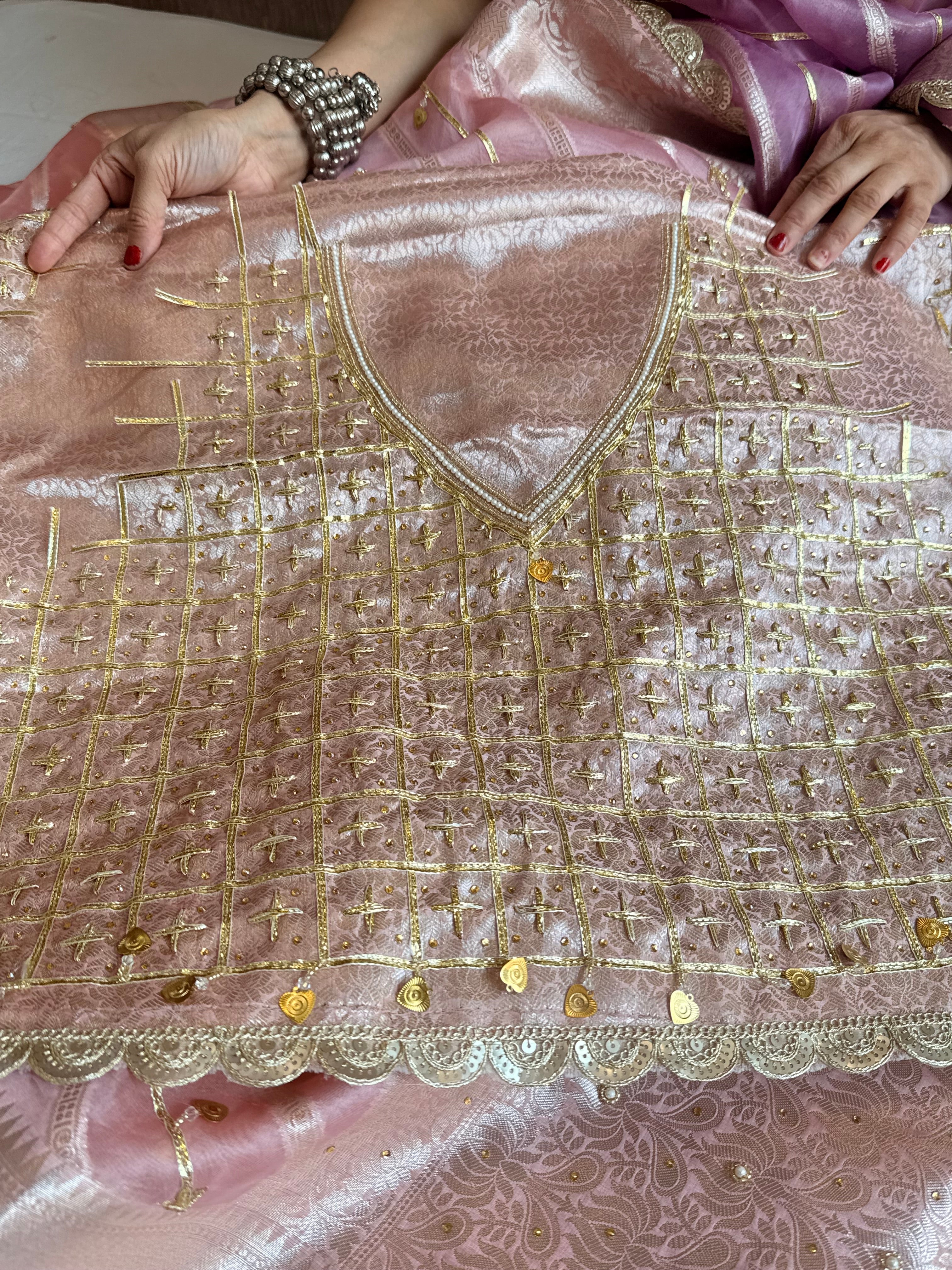 Kora silk kadhwa striped gotapatti work hand embroidered saree
