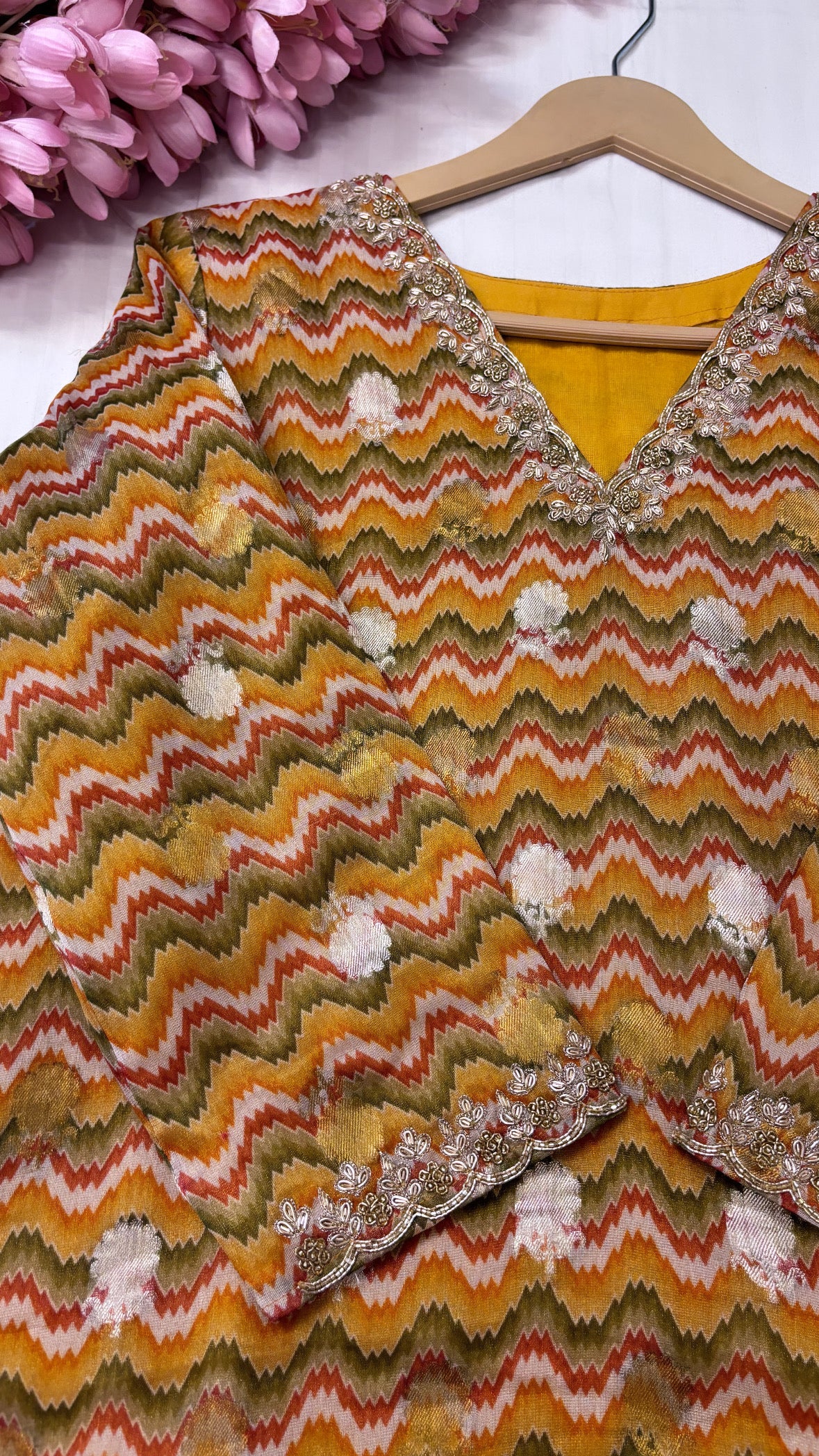 Pure banarasi  tissue gorgette kadhwa buti handwoven and hand embroidered printed stitched kurti