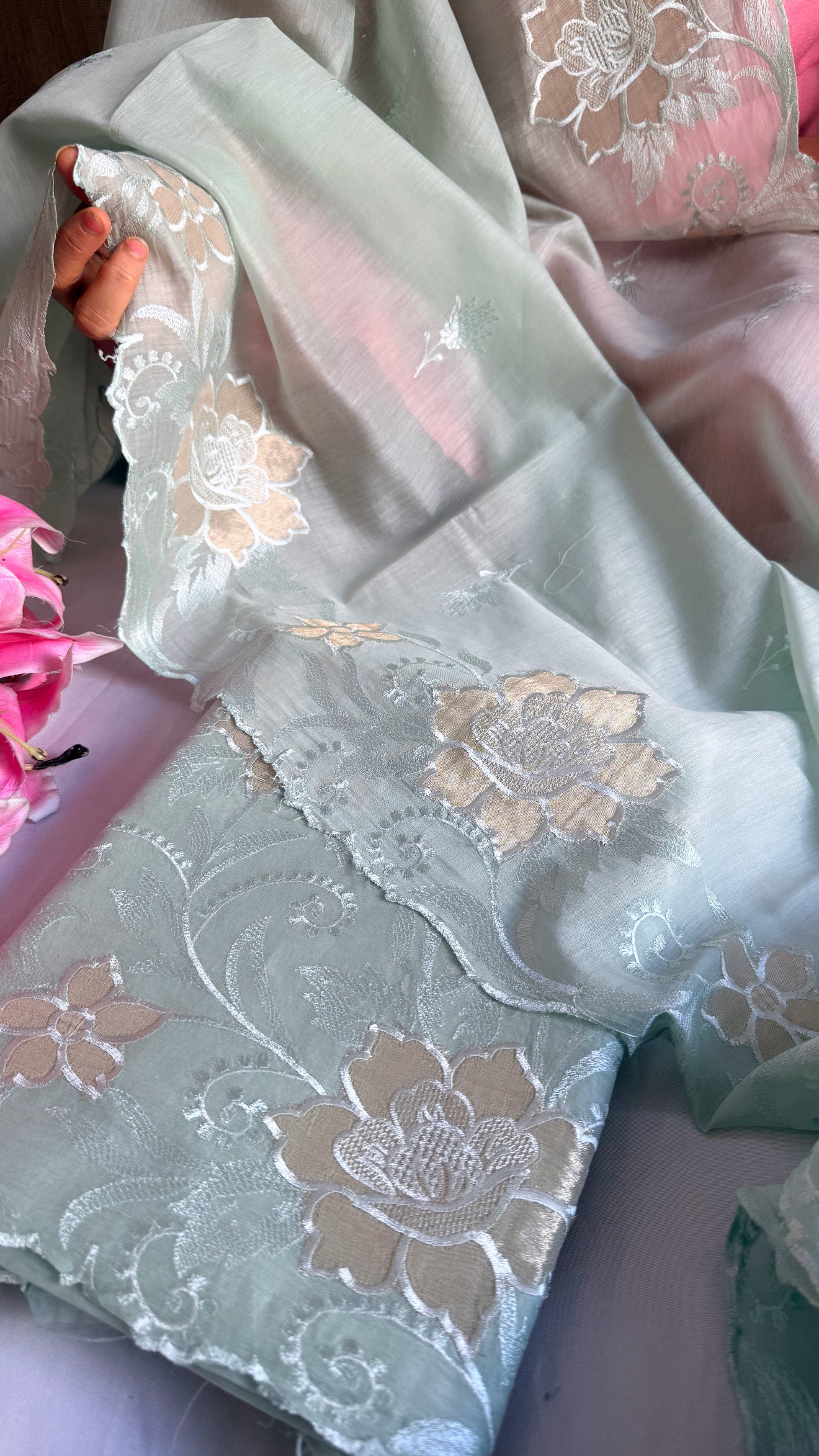 Summer suit edit - Blush green mul cotton appliqué tissue work suit sets