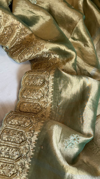 Husn mint green tissue silk heavy zardozi hand embroidered saree