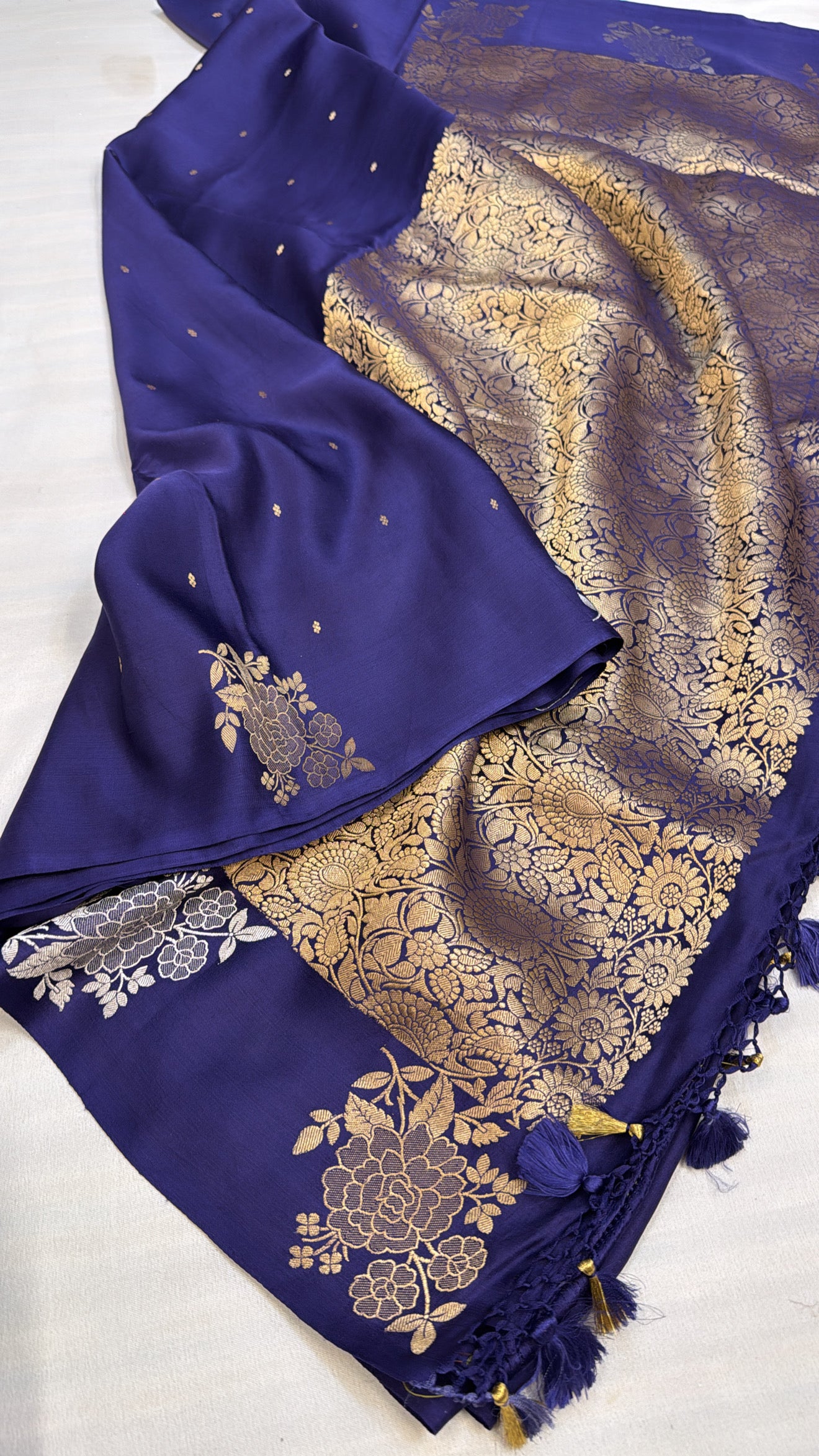 Mashru satin silk ink blue banarasi saree