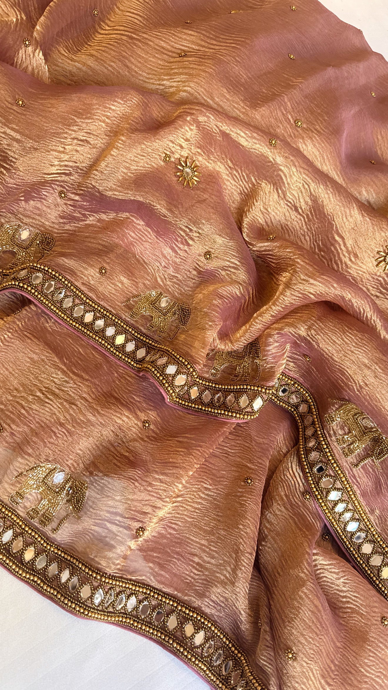 Mirrorwork edit gajri pink crushed tissue silk hand embroidered saree