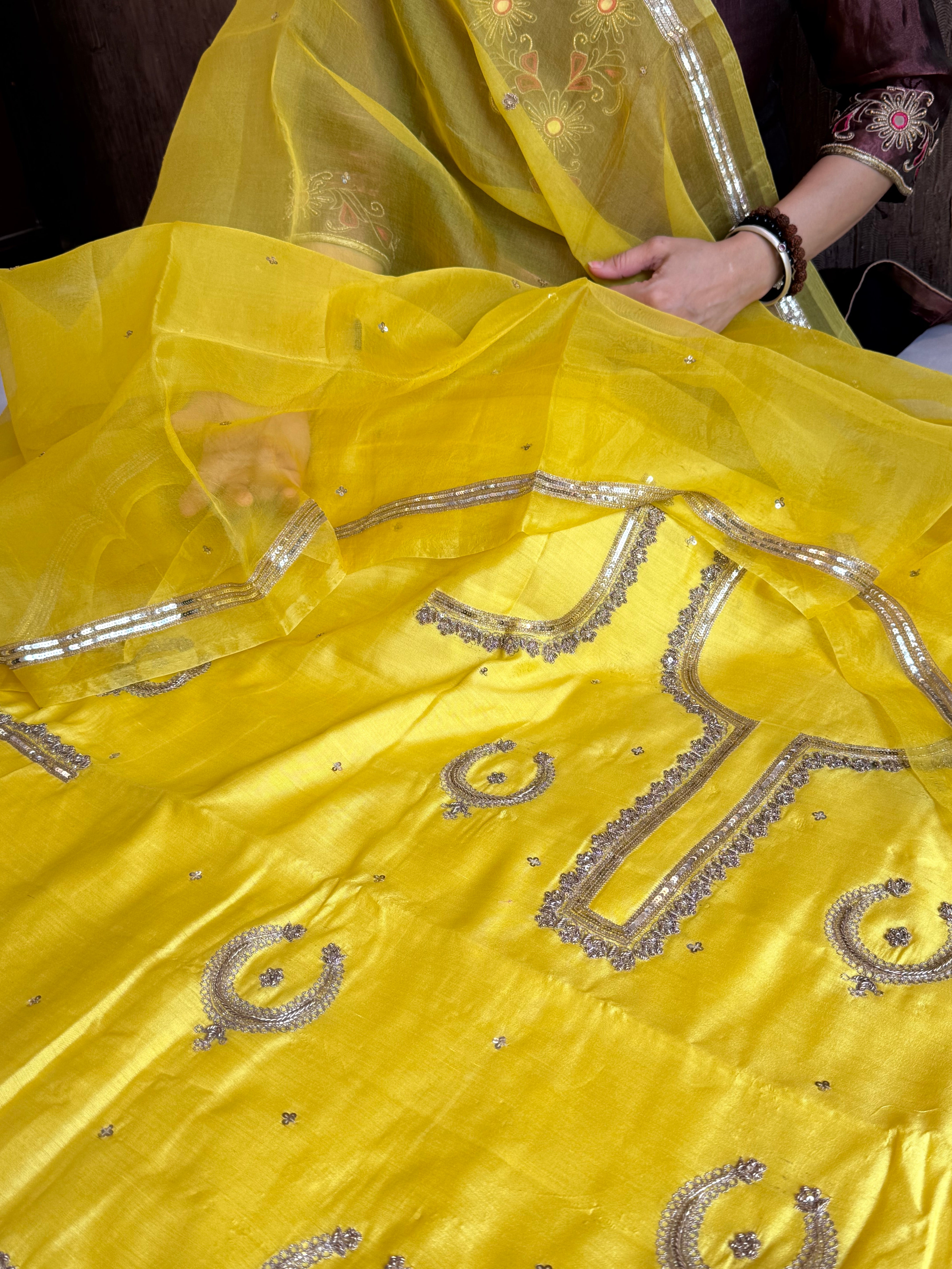 Nimbu yellow chand-buta chiniya silk kadhwa hand embroidered kurta paired with kora silk hand embroidered duppata set