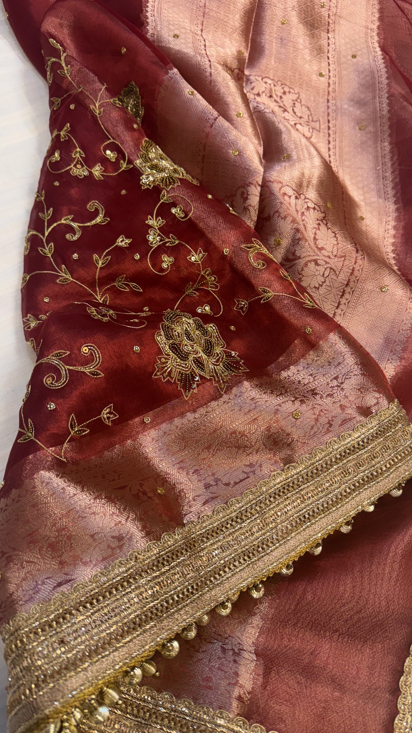 Trousseau edit - Reddish-brown husn tissue silk saree heavy hand embroidered saree
