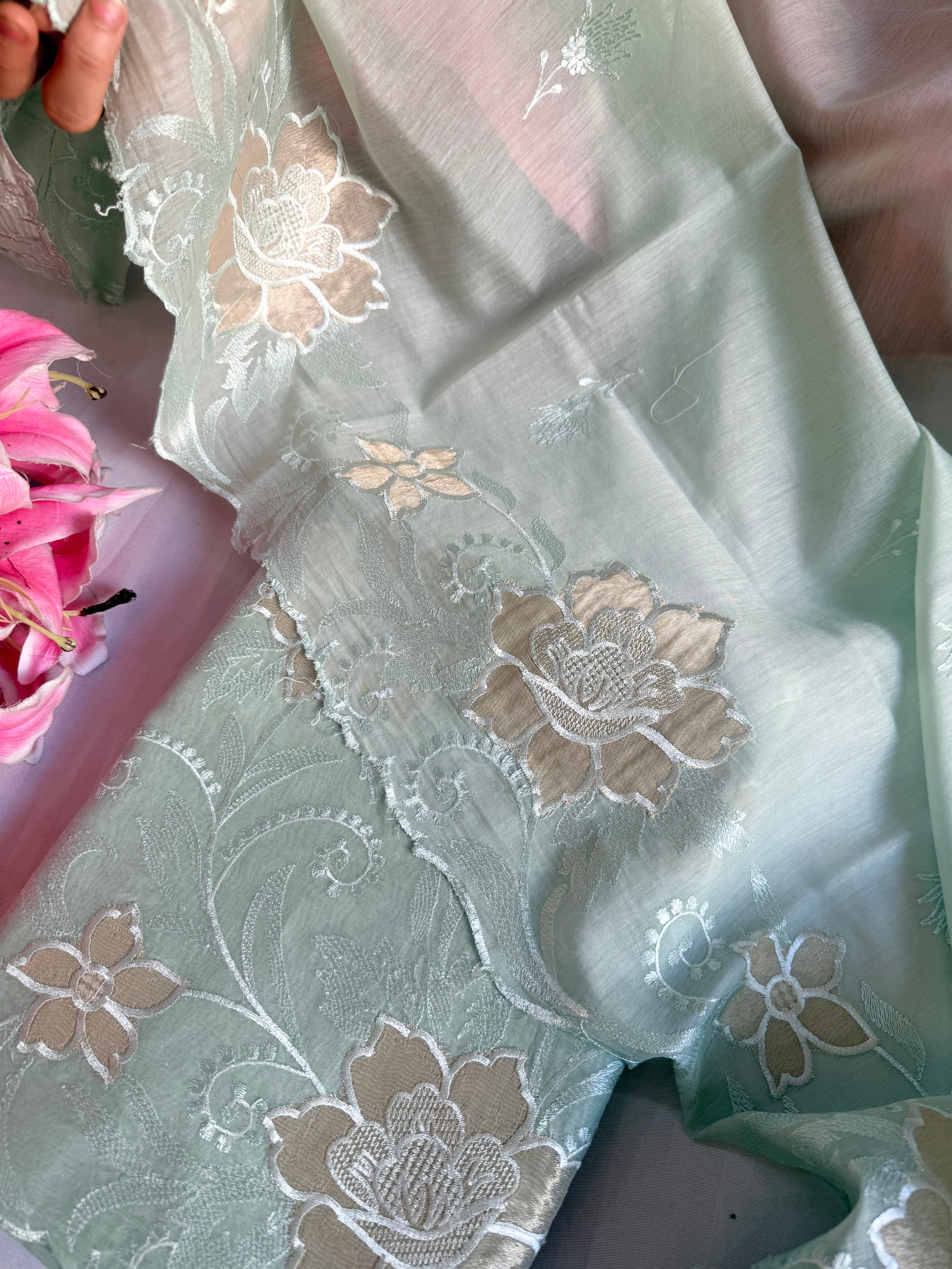 Summer suit edit - Blush green mul cotton appliqué tissue work suit sets