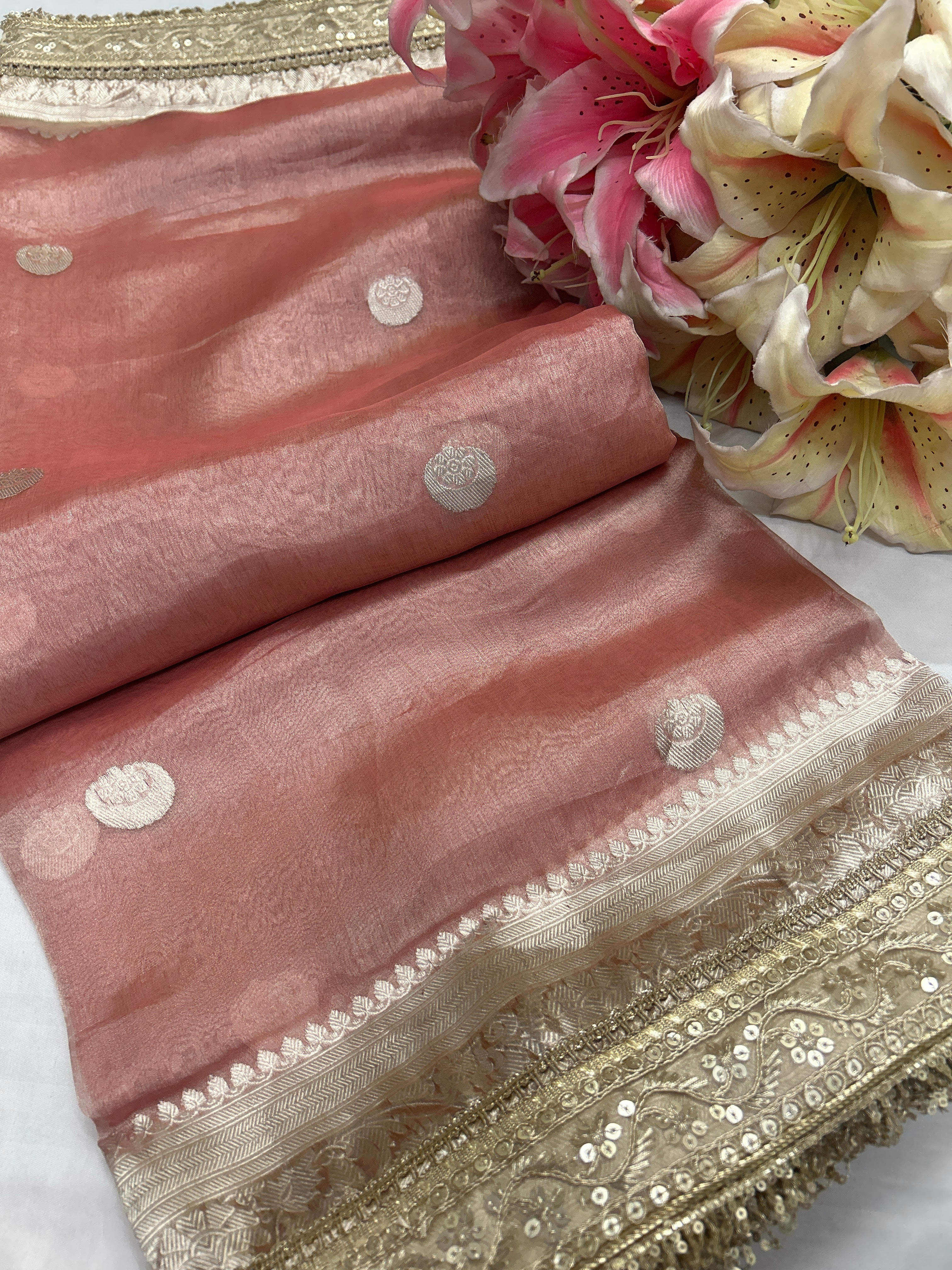 Tissue silk chand buta contrast border saree