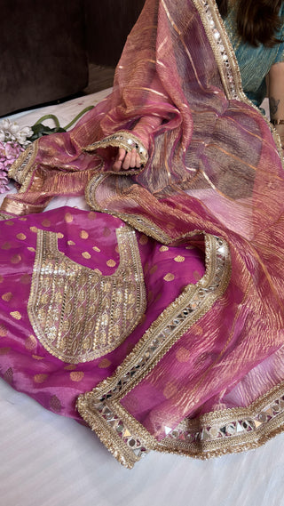 Hot pink heeramandi crushed tissue silk suit set