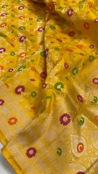 Golden yellow katan kadhwa silk heavy meenakari duppata