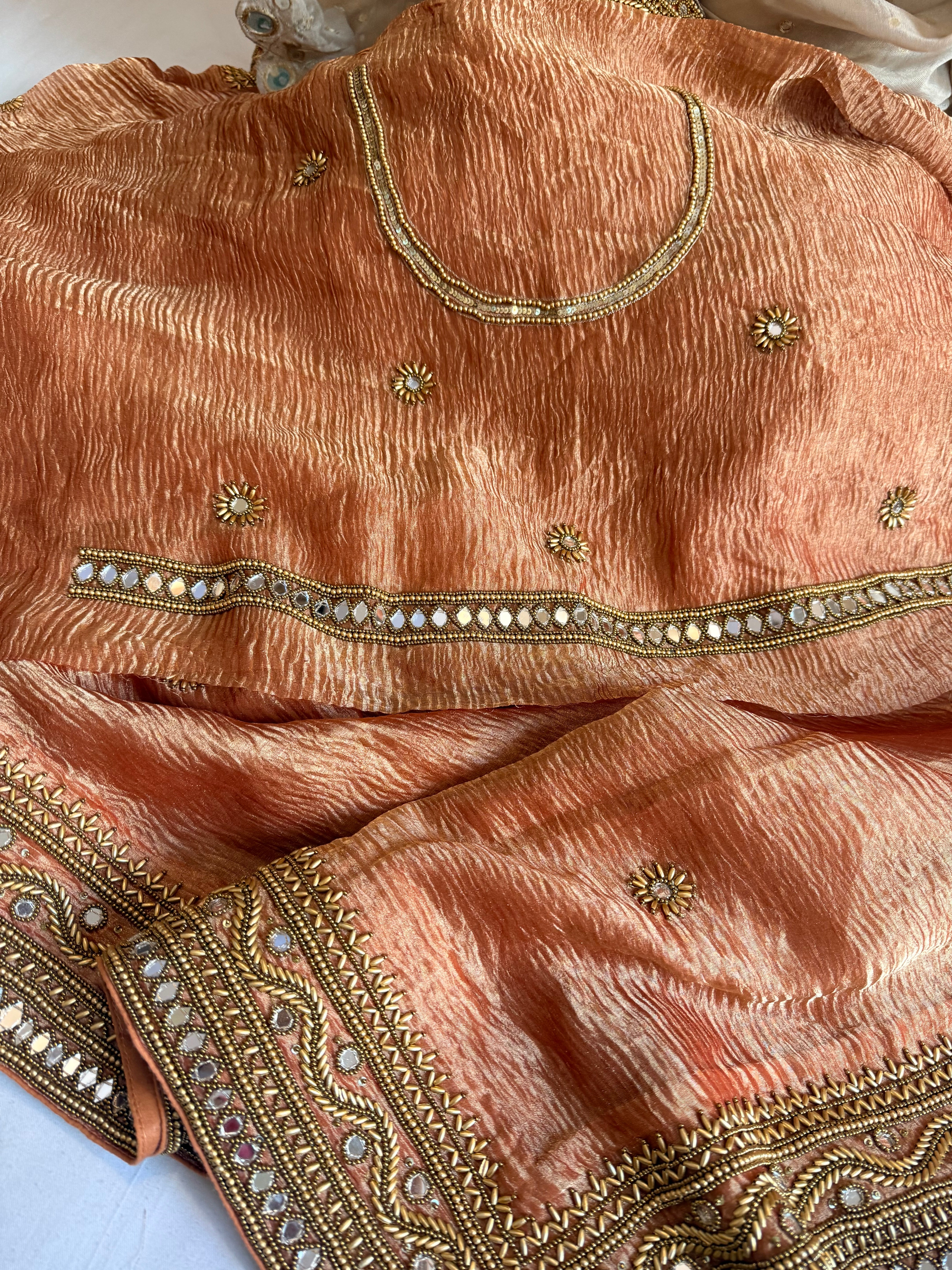 Rajkumari gajri crushed tissue silk hand embroidered kadhwa saree