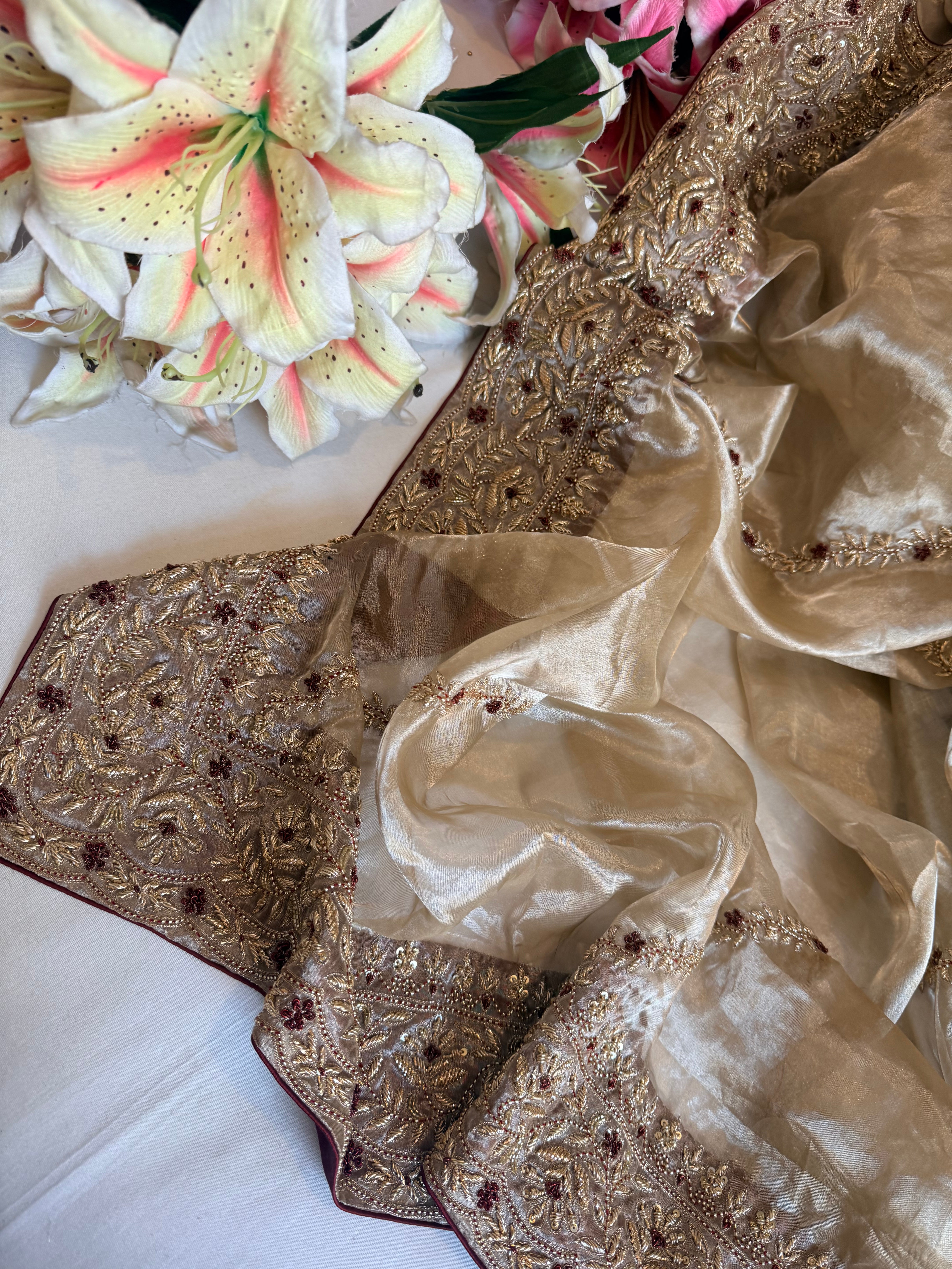 Silsila diamond tissue silk zardozi work hand embroidered kadhwa saree