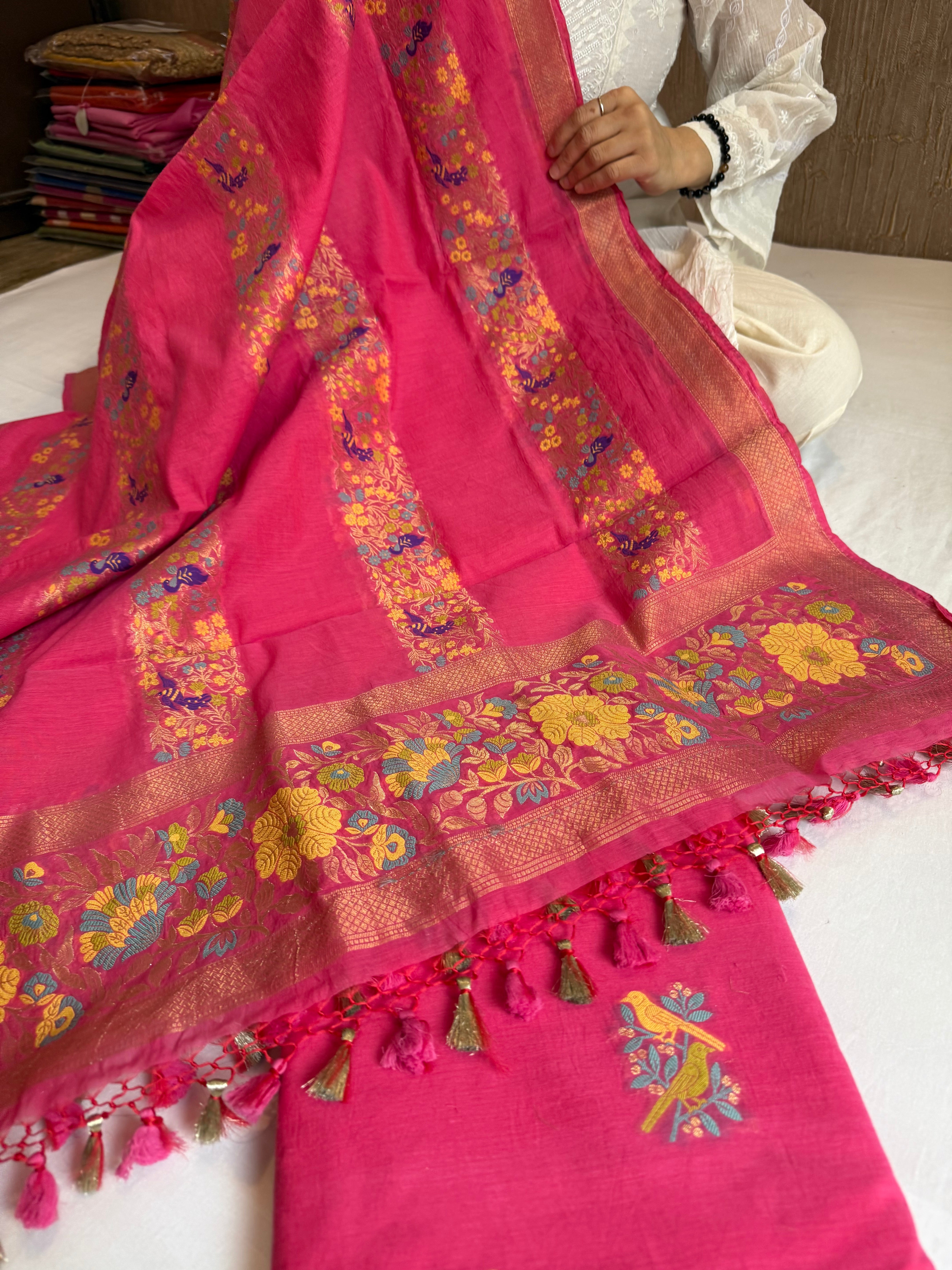 Banarasi cotton resham meenakari suit set