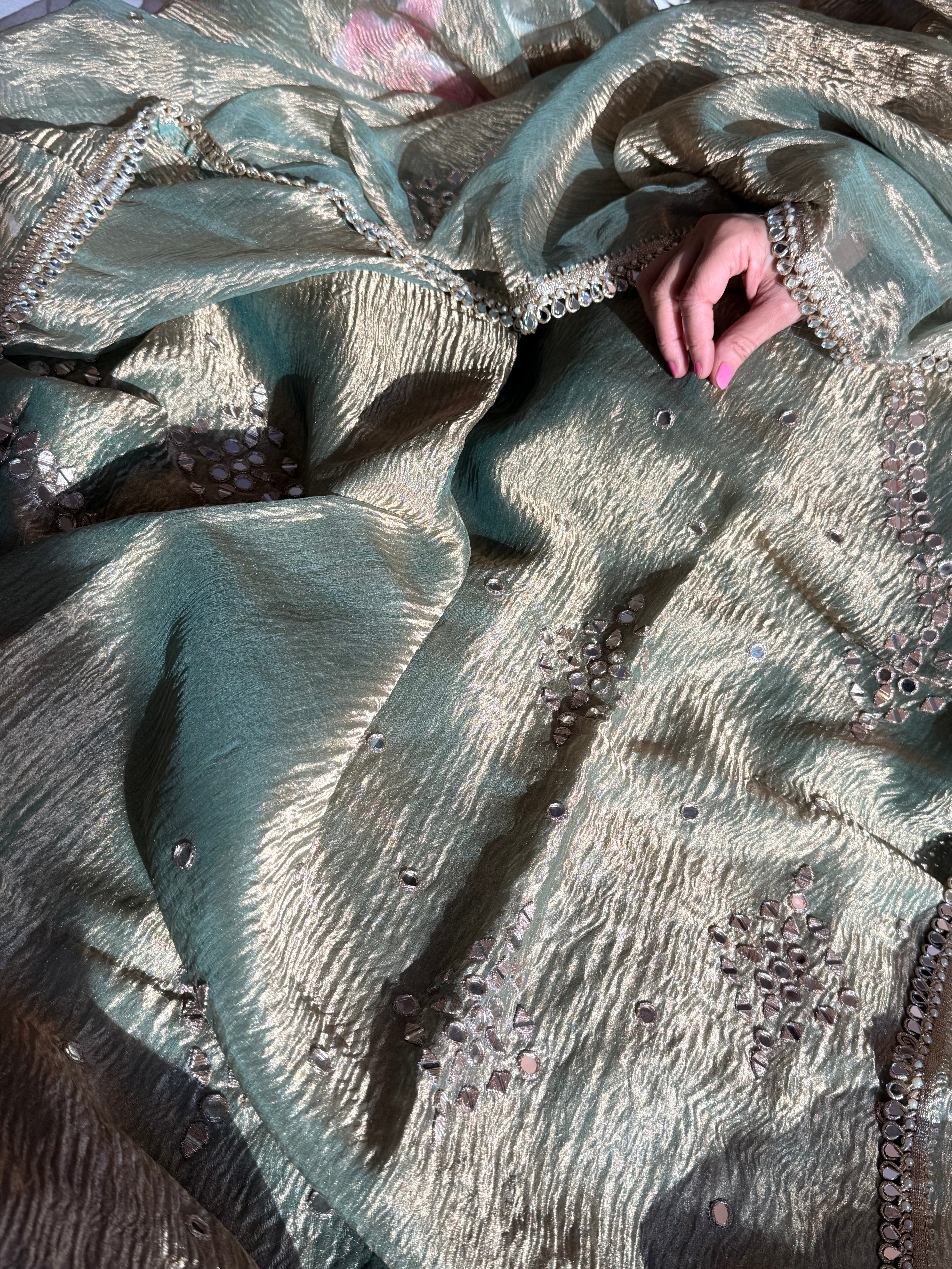 Banarasi tissue silk mirrorwork hand embroidered crushed suit sets