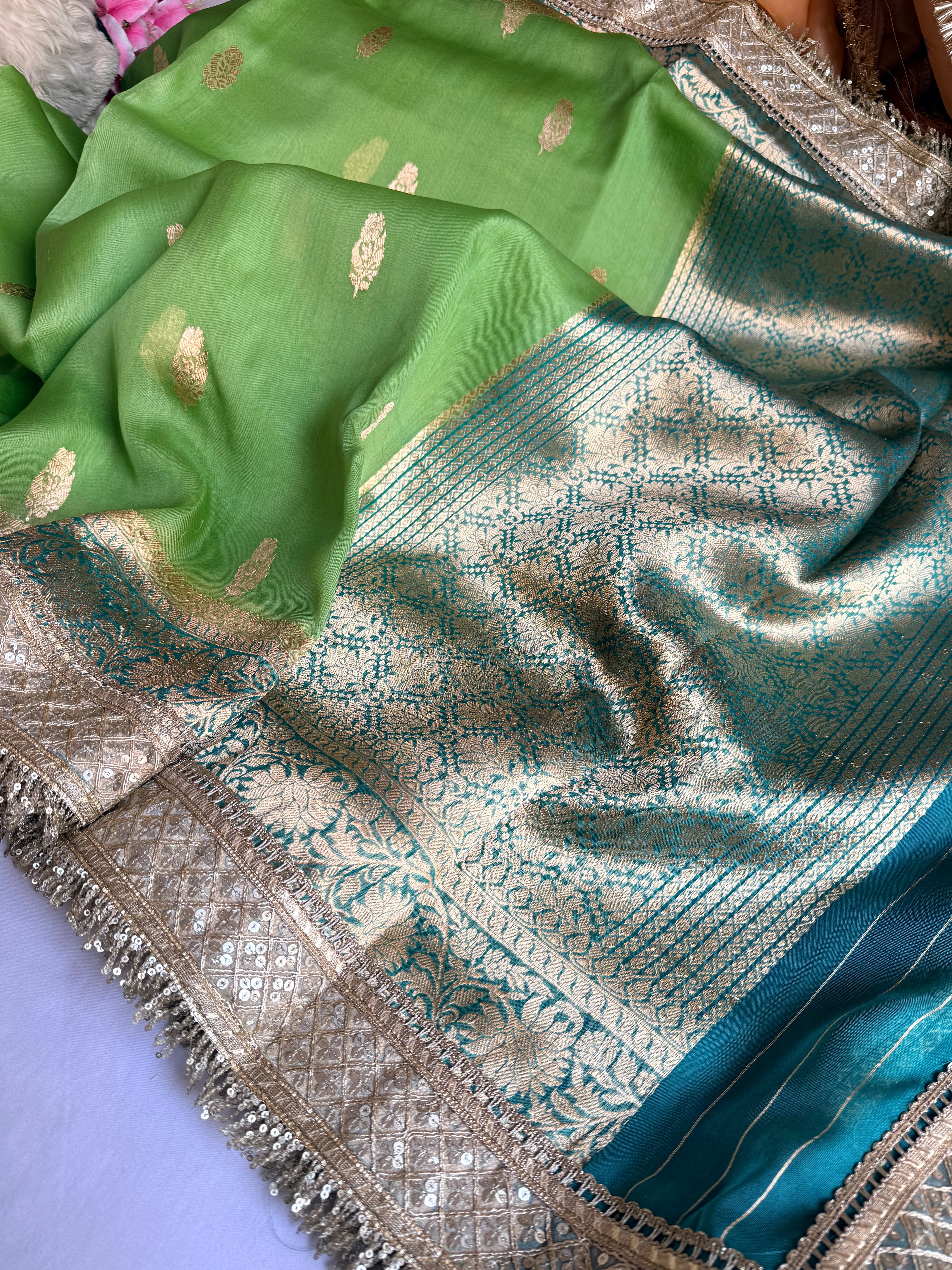 Banarasi leela parrot green-teal combination kora silk saree