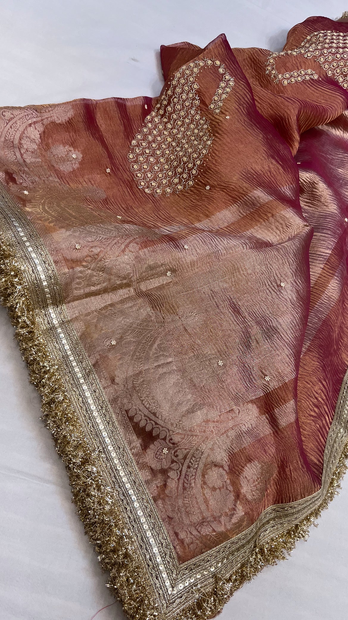 Husn cherry pink tissue silk hand embroidered saree