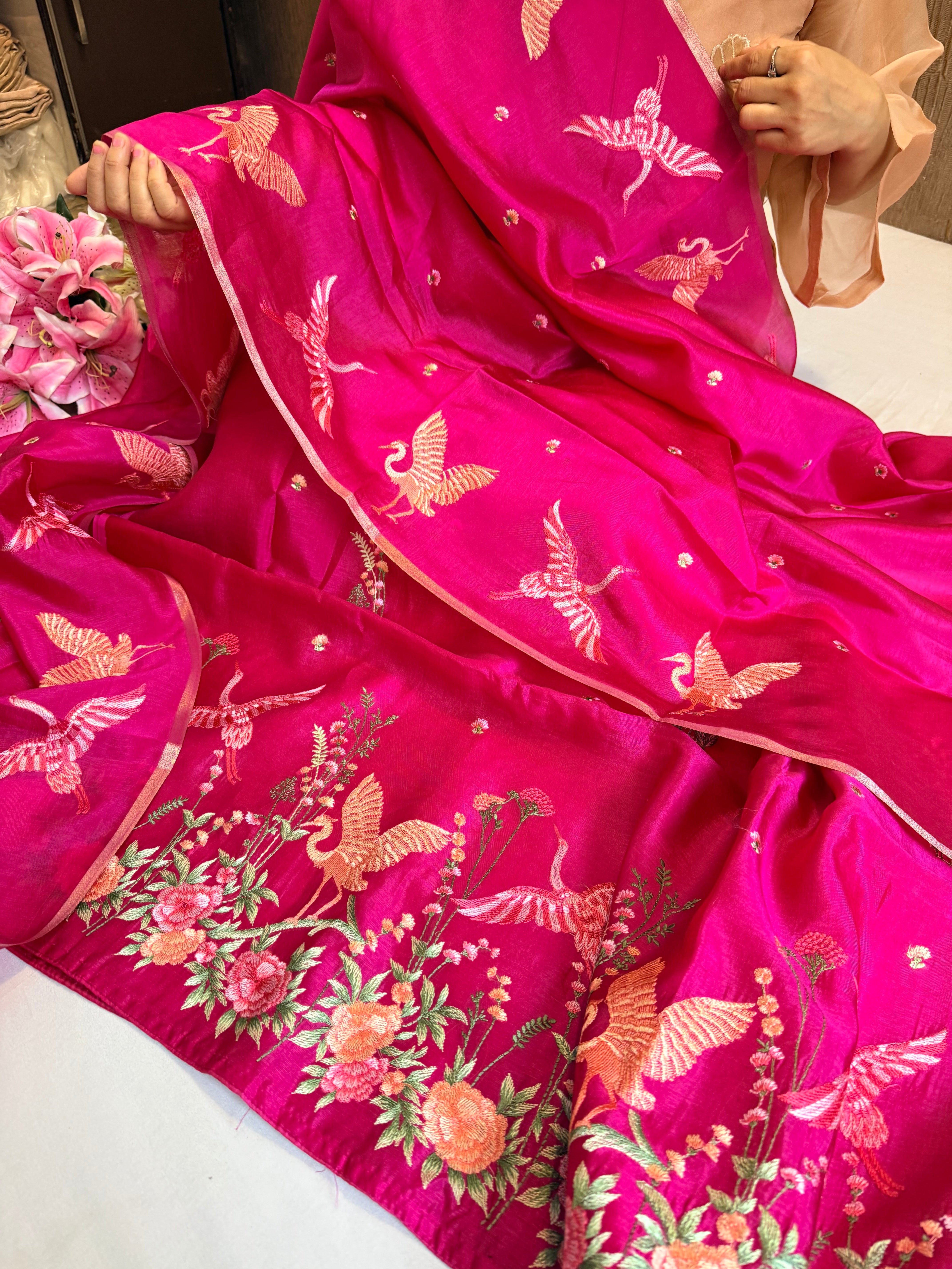 BELOW 8K - Parsi gara hot pink resham work banarasi chiniya silk kadhwa suit sets