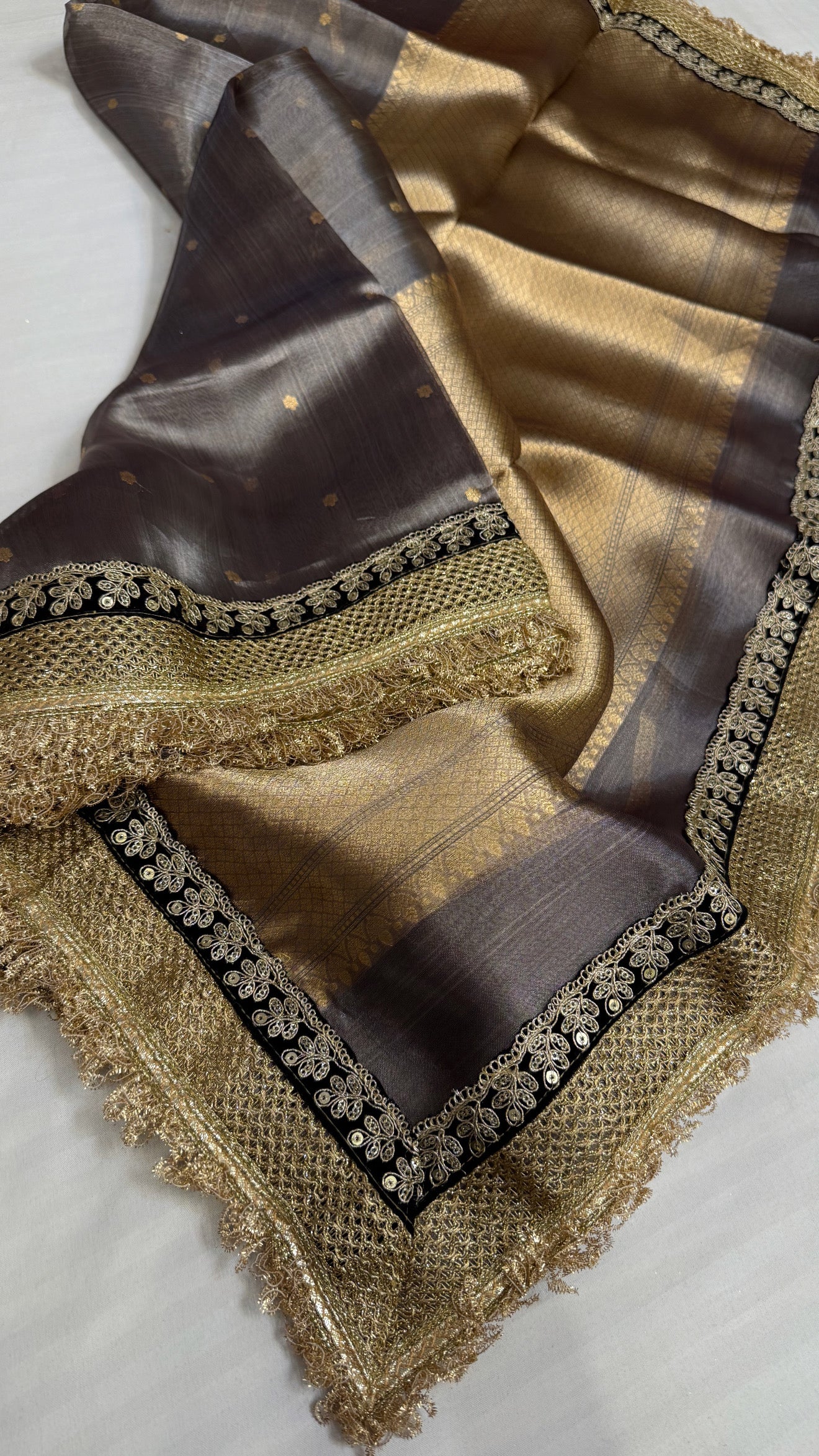 Maharani steel grey tissue silk kadhwa buti saree