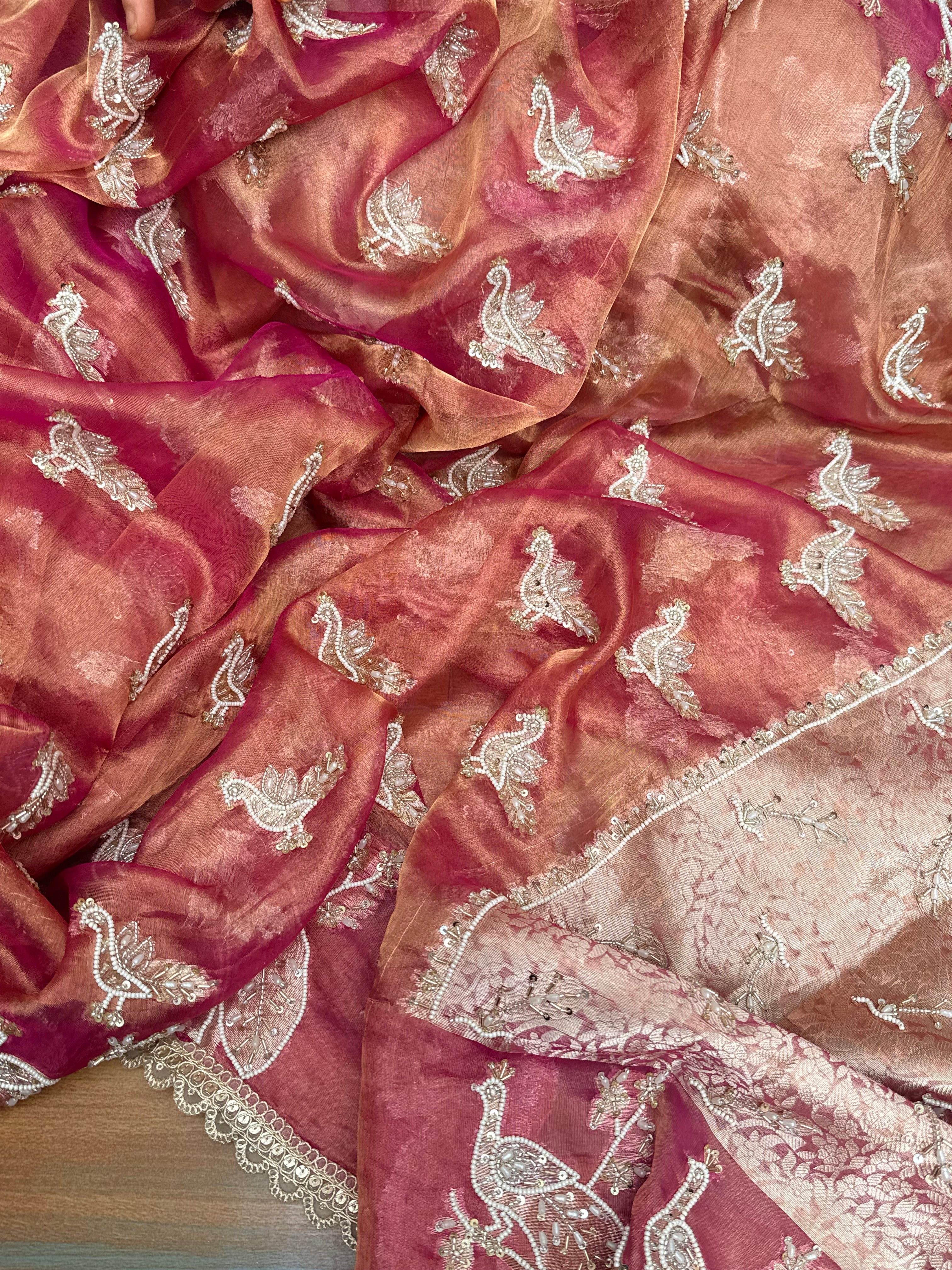 Tyohaar edit - Pearlwork morni hand embroidered tissue silk kadhwa saree