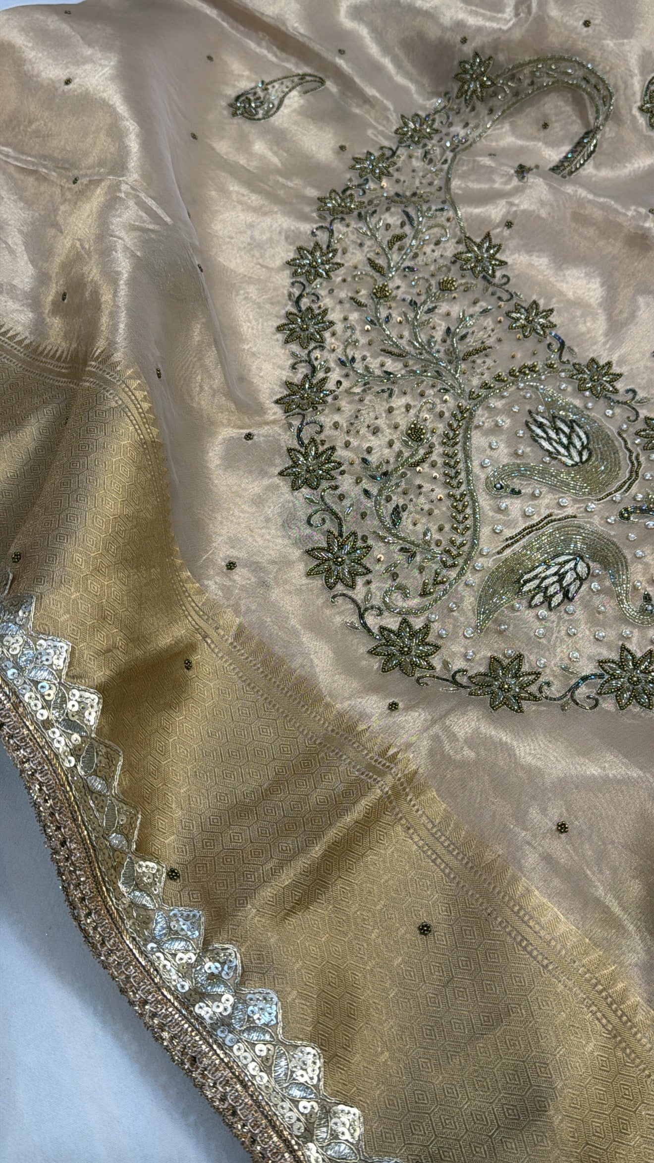 Golden husn tissue silk hand embroidered kadhwa saree