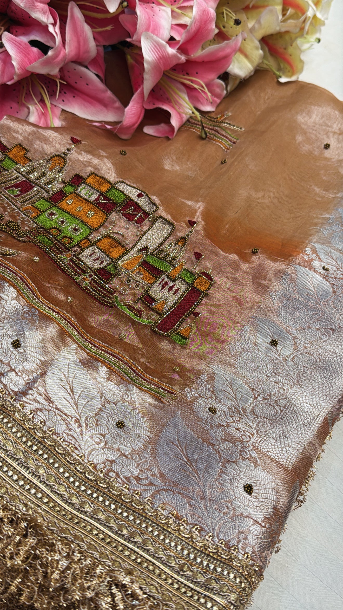 Wedding edit - Husn Chuski orange banarasi ghat motif tissue silk hand embroidered saree