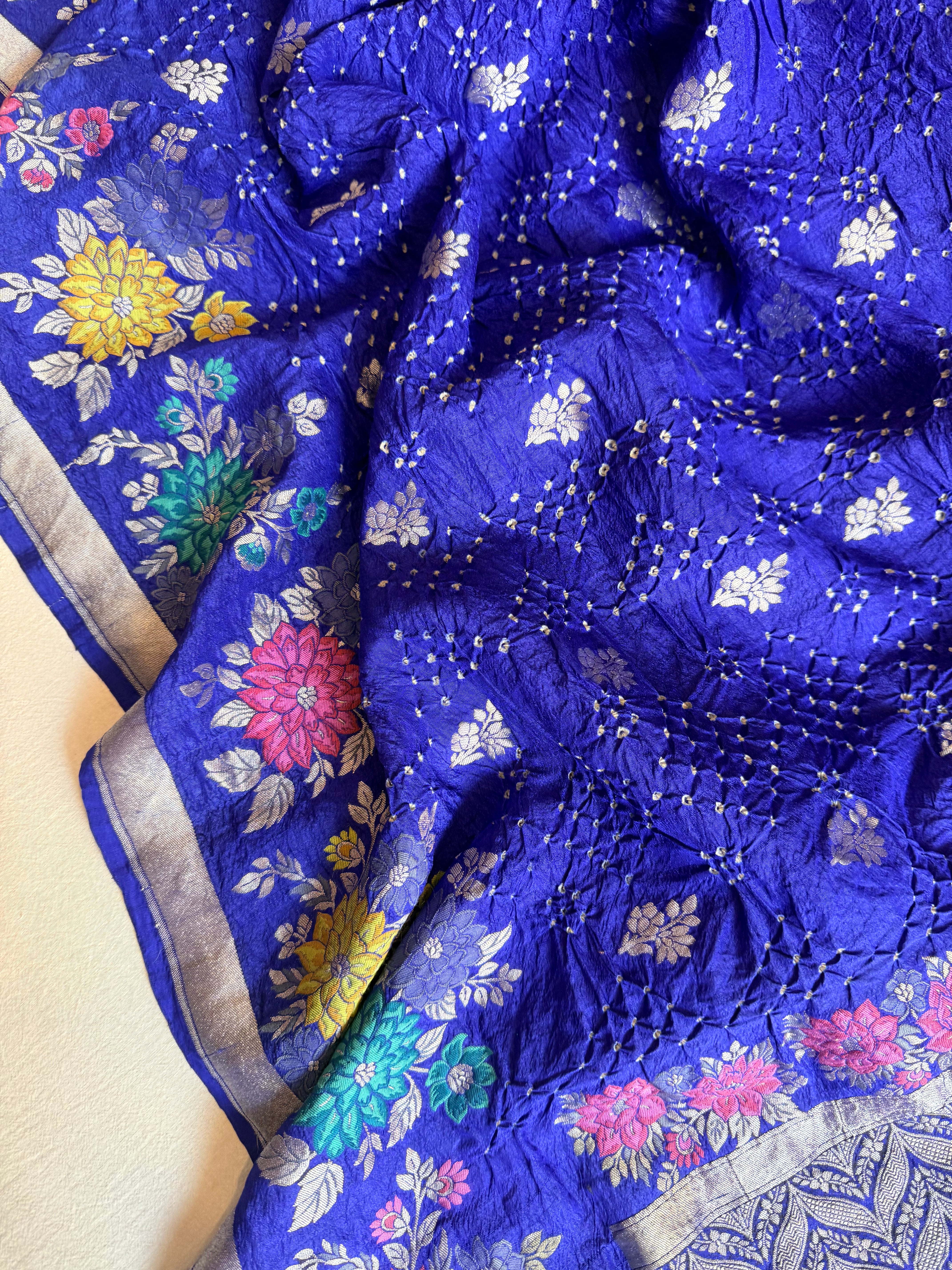 Banarasi tussar silk rai bandhej ink blue meenakari kadhwa saree