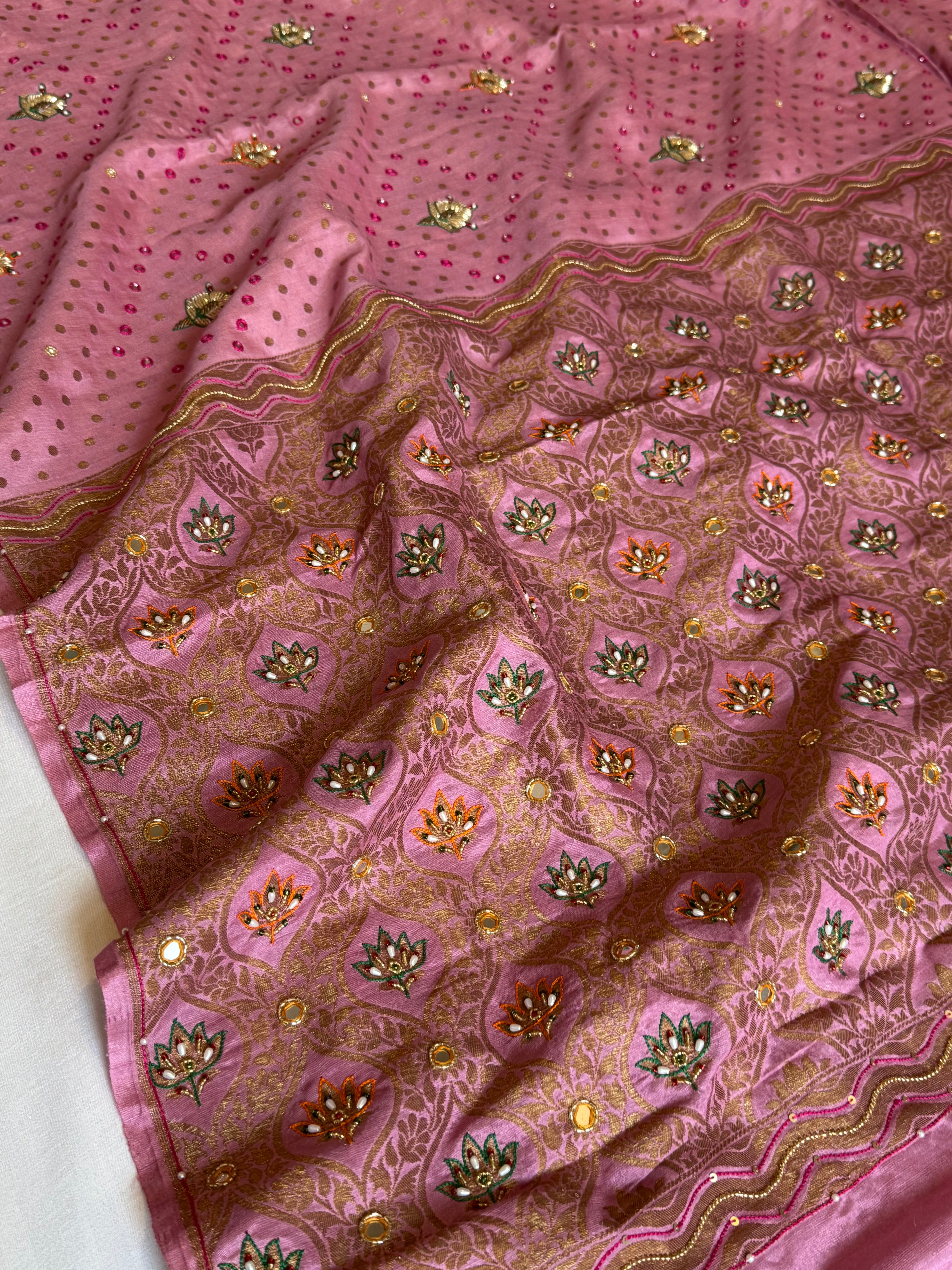 Strawberry pink moonga tussar antique zari hand embroidered kadhwa saree