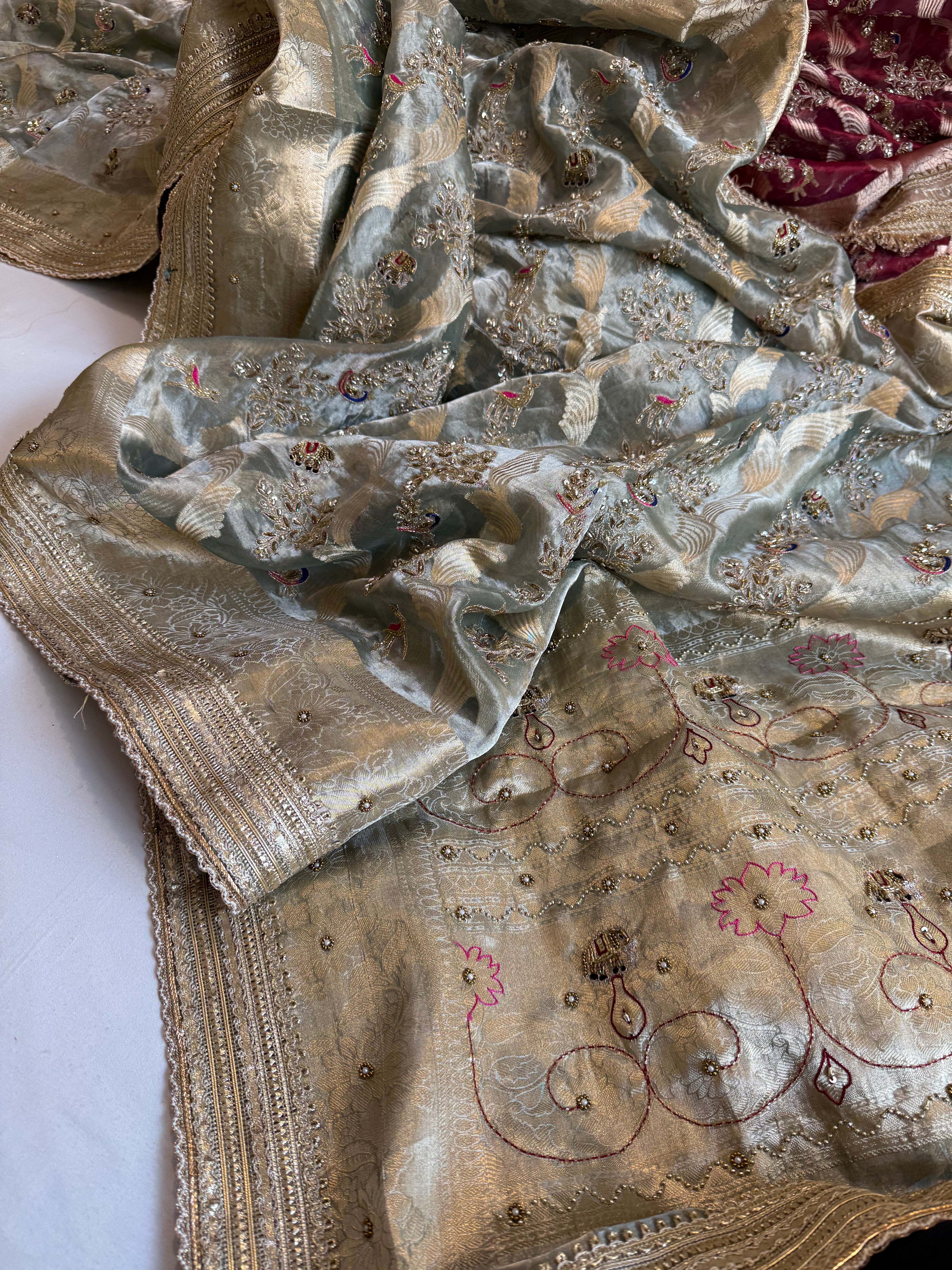 Nayi suhagan edit - Ice blue tissue silk jungla shikargah marodi and zardozi hand embroidered kadhwa saree