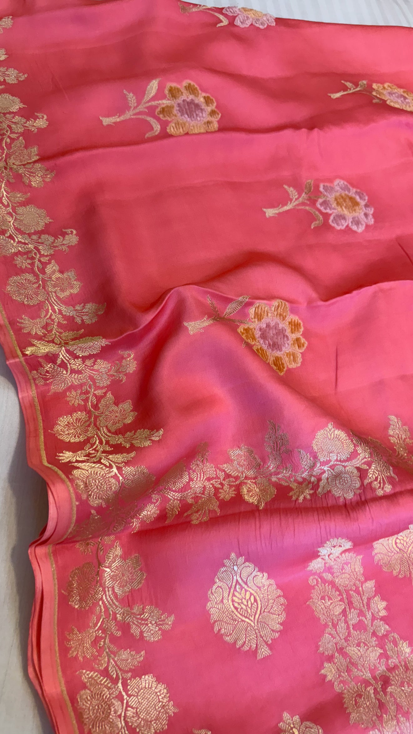 Peachish pink banarasi mashru silk velvet buti kadhwa weaving saree