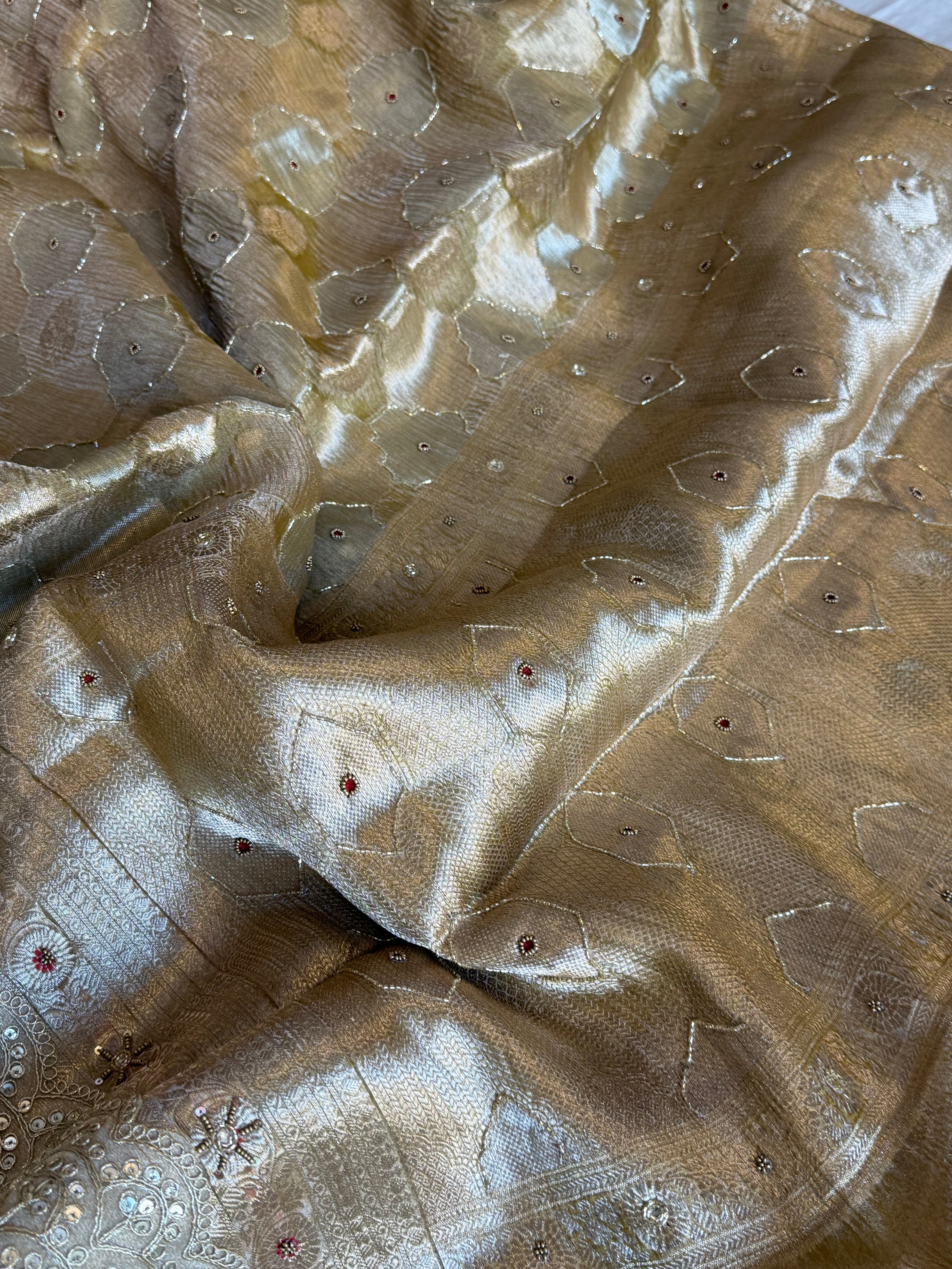 Mughalai jaal crushed tissue silk hand embroidered kadhwa dusty golden saree