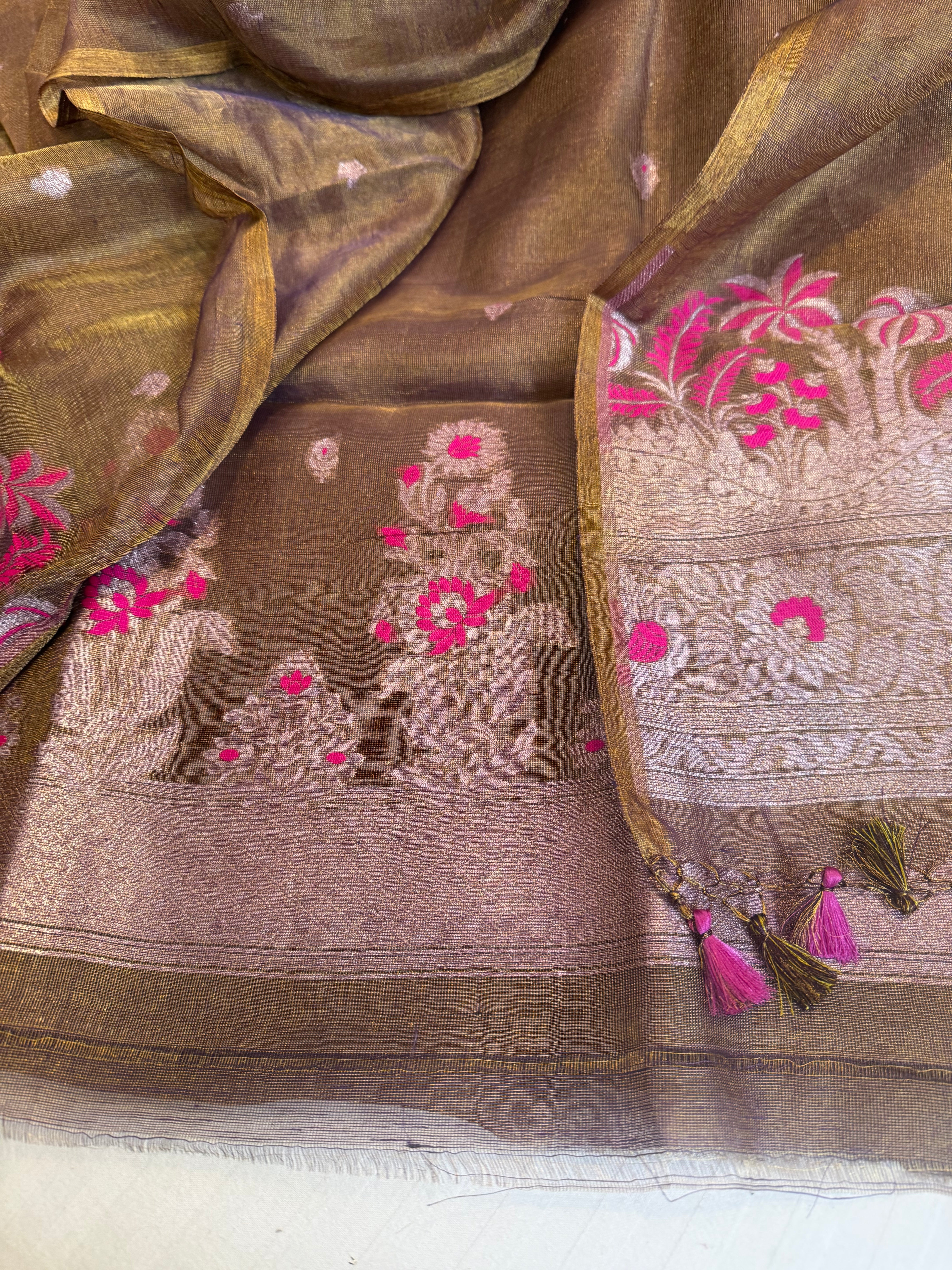 Linen tissue golden brown meenakari kadhwa suit sets