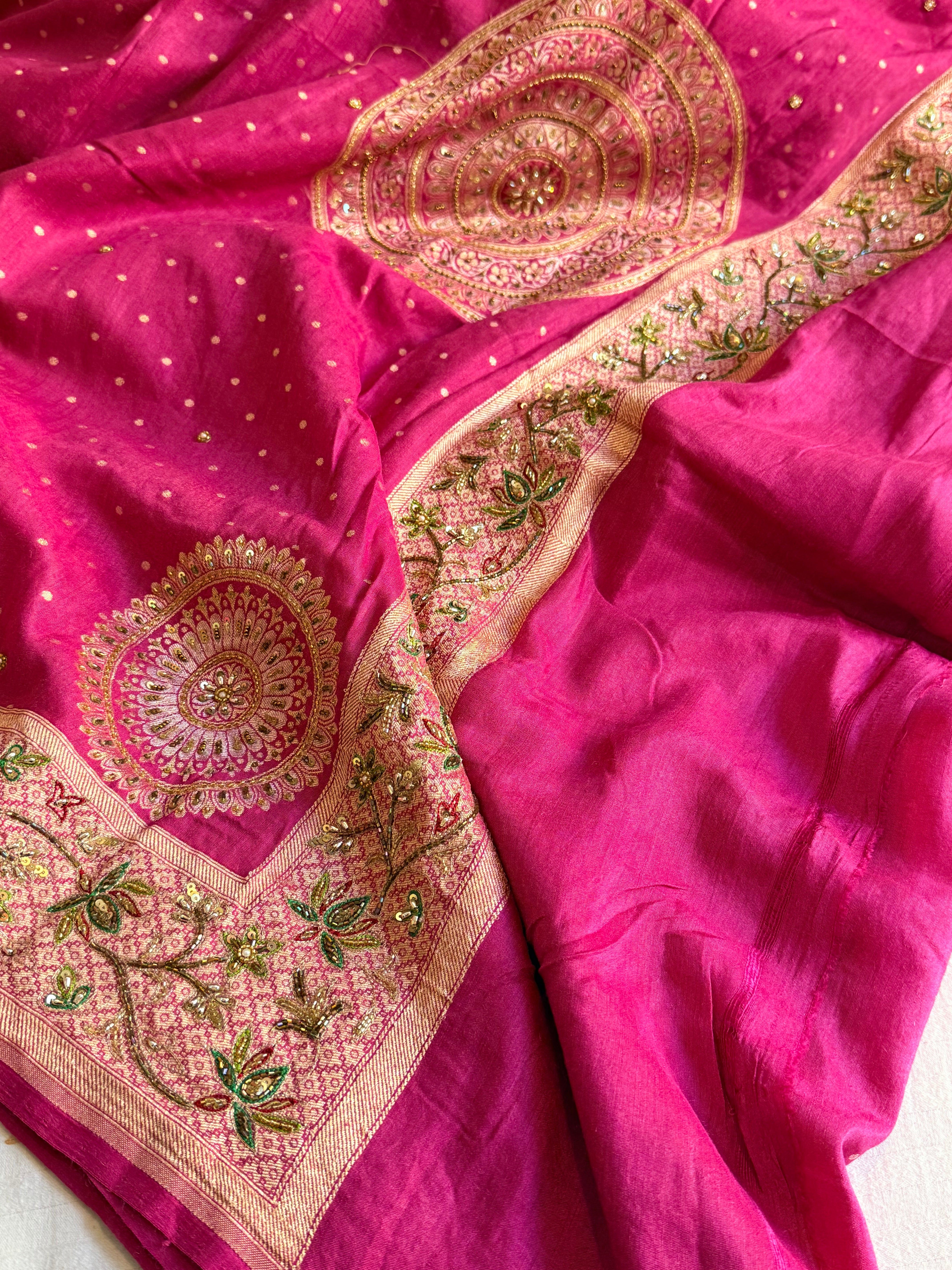 Banarasi moonga silk hand embroidered hot pink kadhwa saree