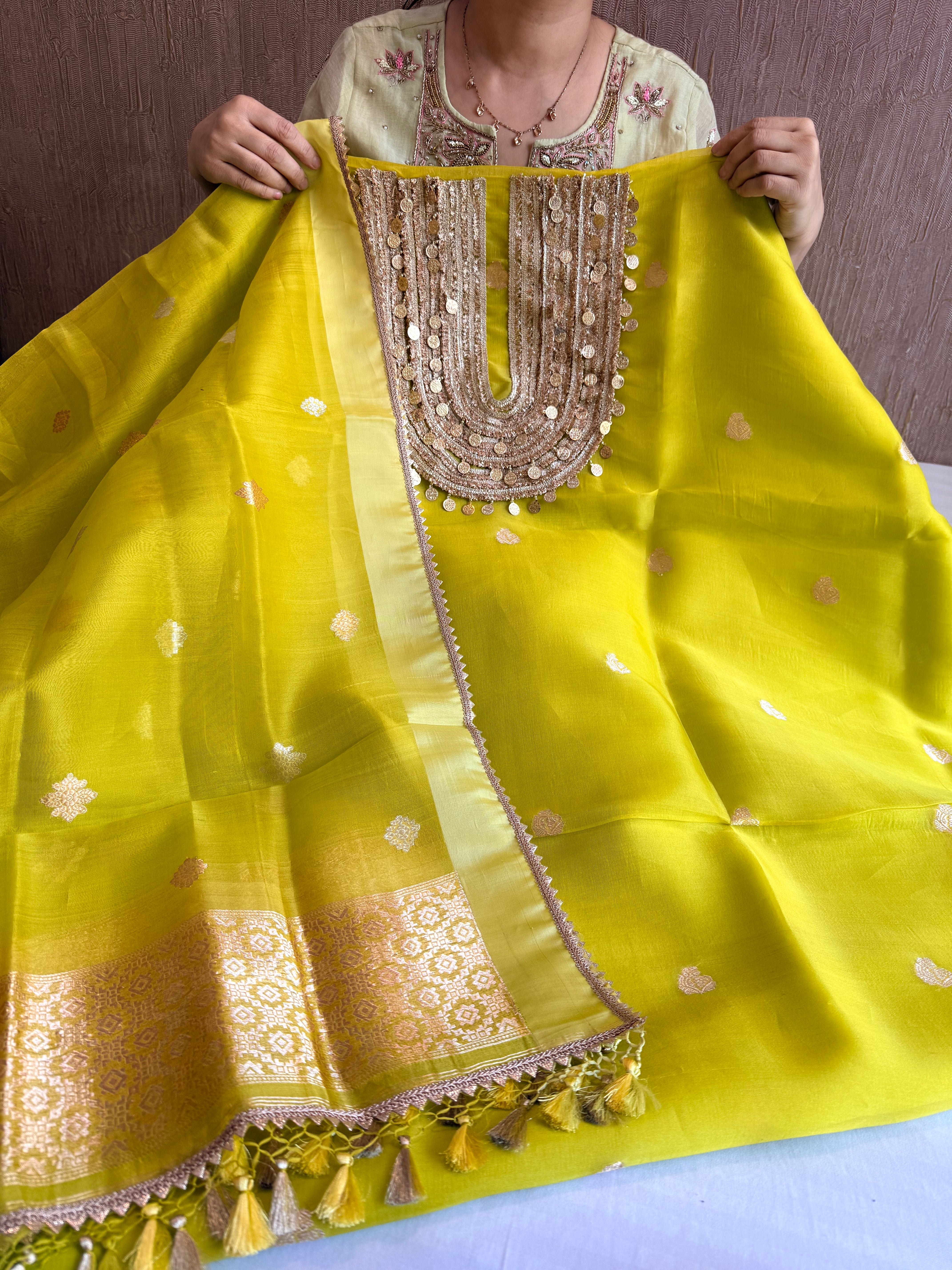 Coinwork banarasi kora silk lemon green kadhwa suit set
