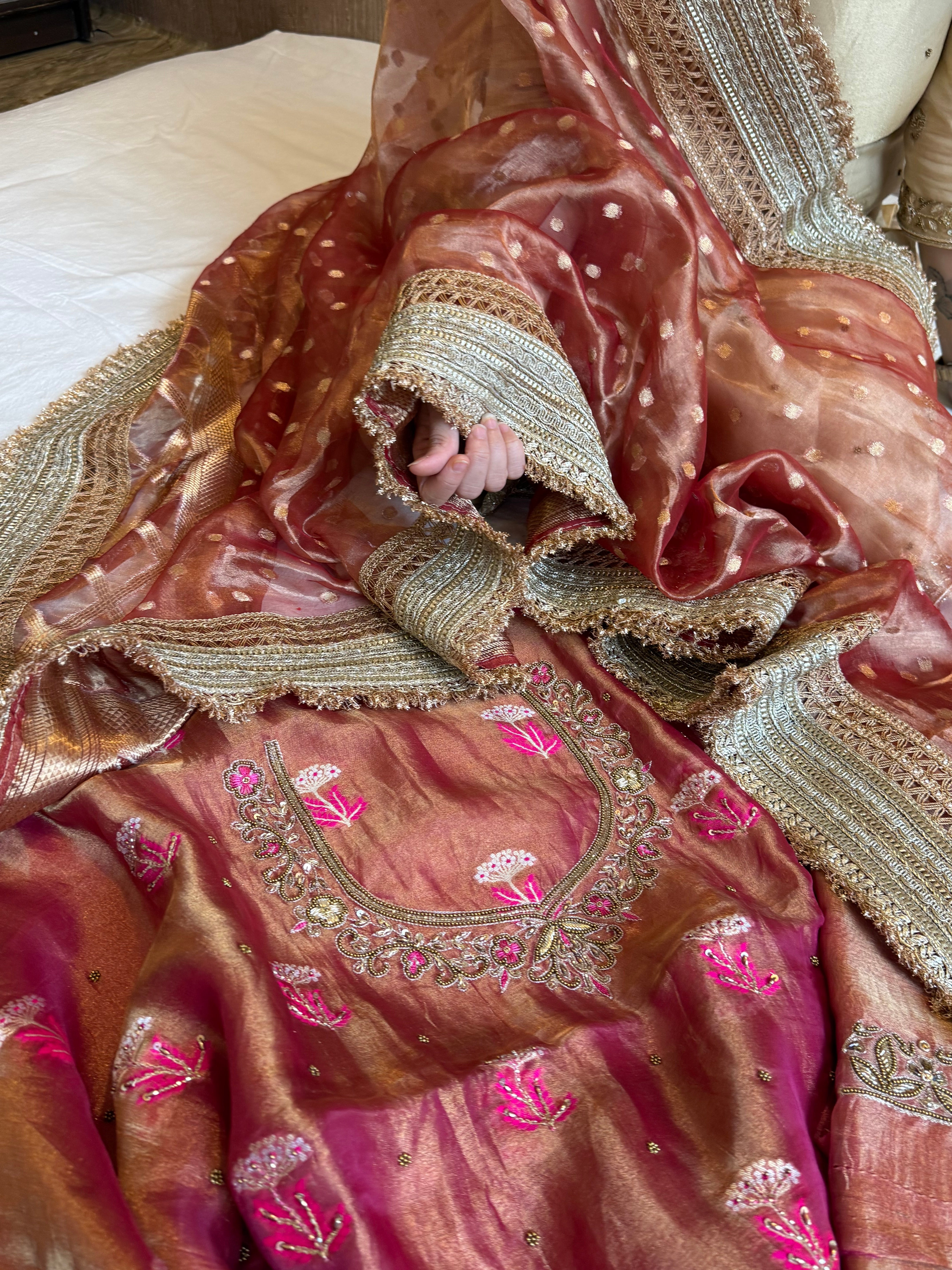 Gajri pinkish red tissue silk heeramandi hand embroidered kadhwa suit set