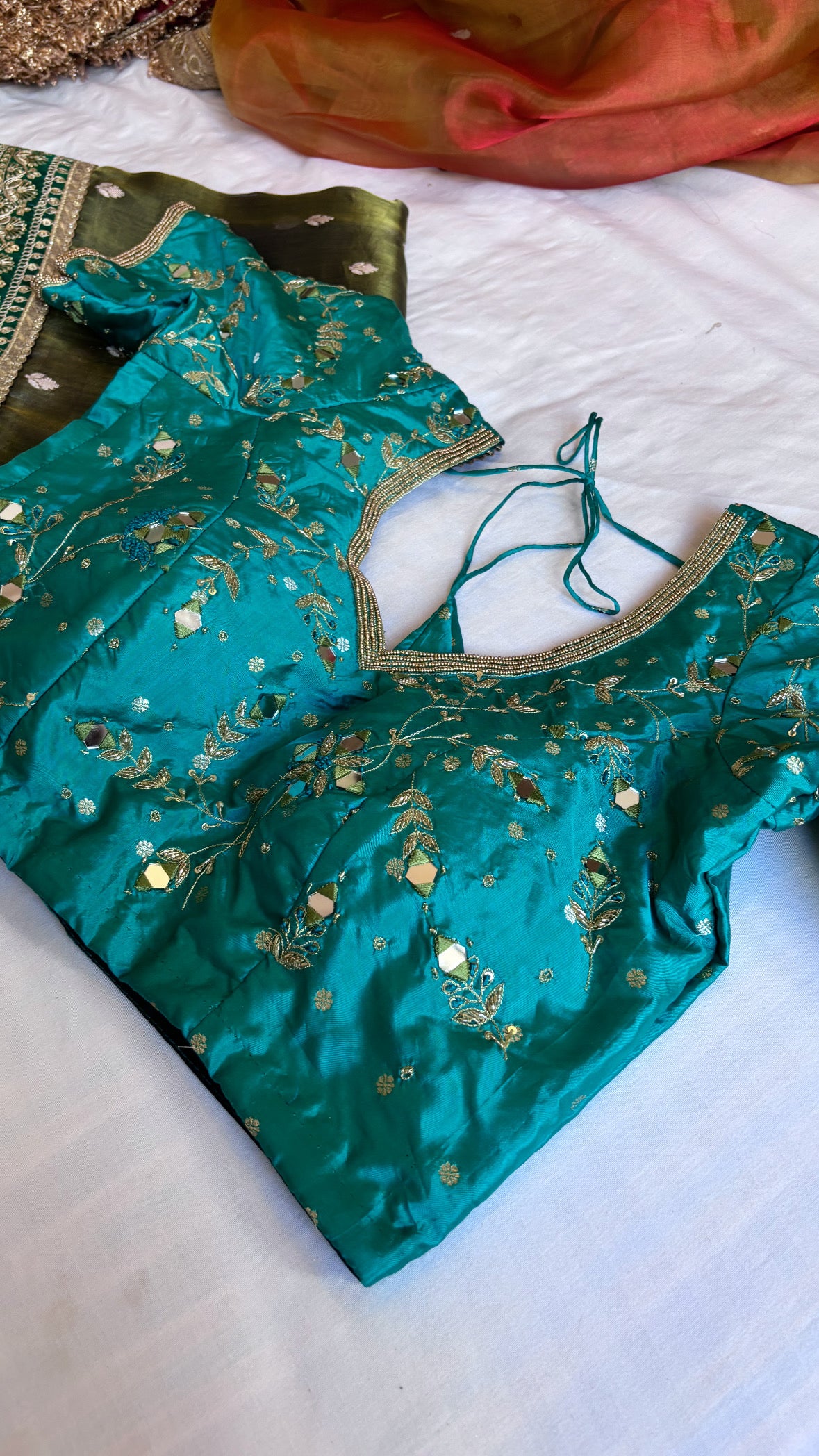 Sitara teal blue stitched hand embroidered blouse piece                SIZE - 36 to 38