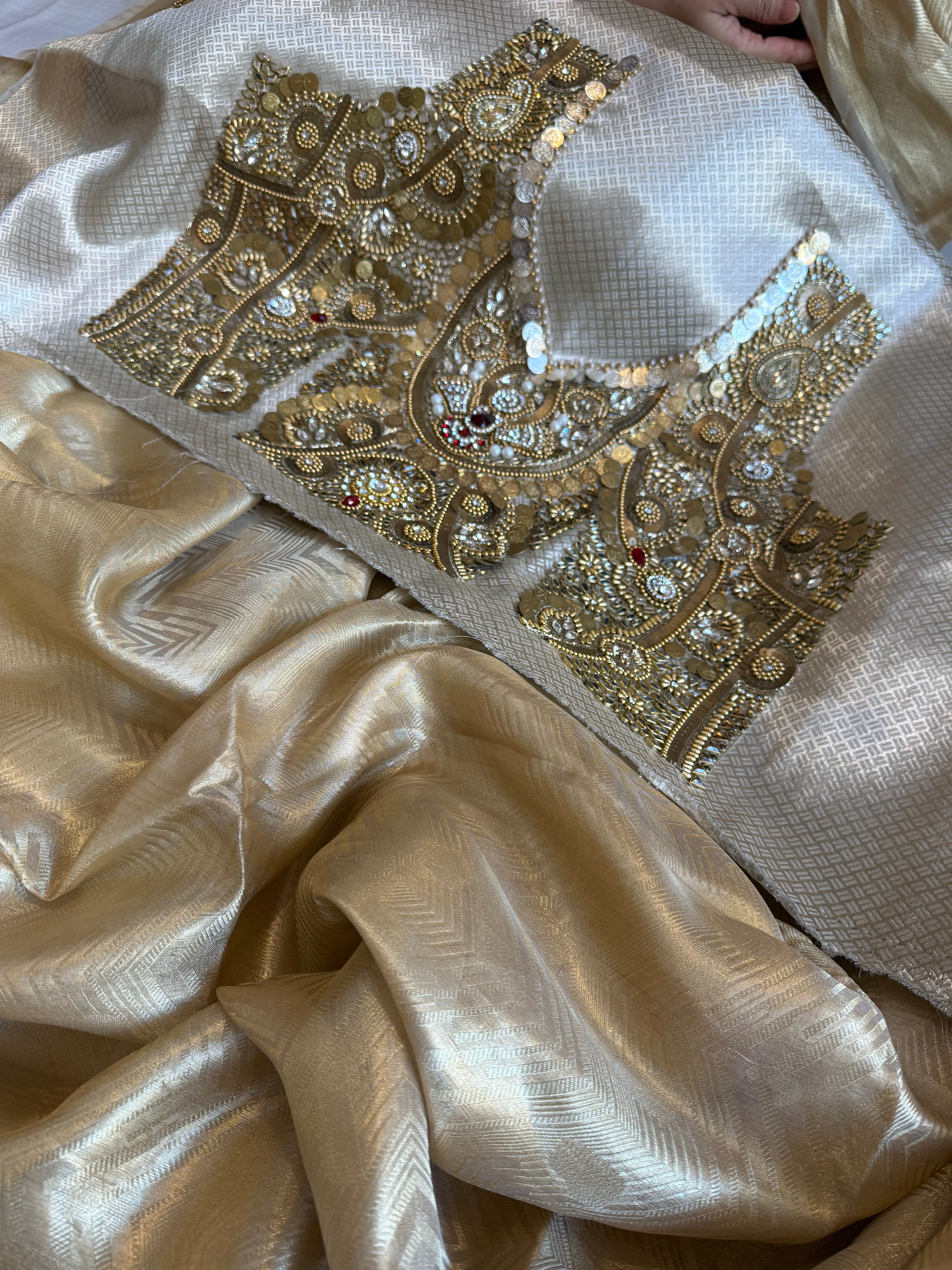 Jhanvi kapoor inspired “jadau edit” tissue brocade saree with jadau hand embroidered blouse piece