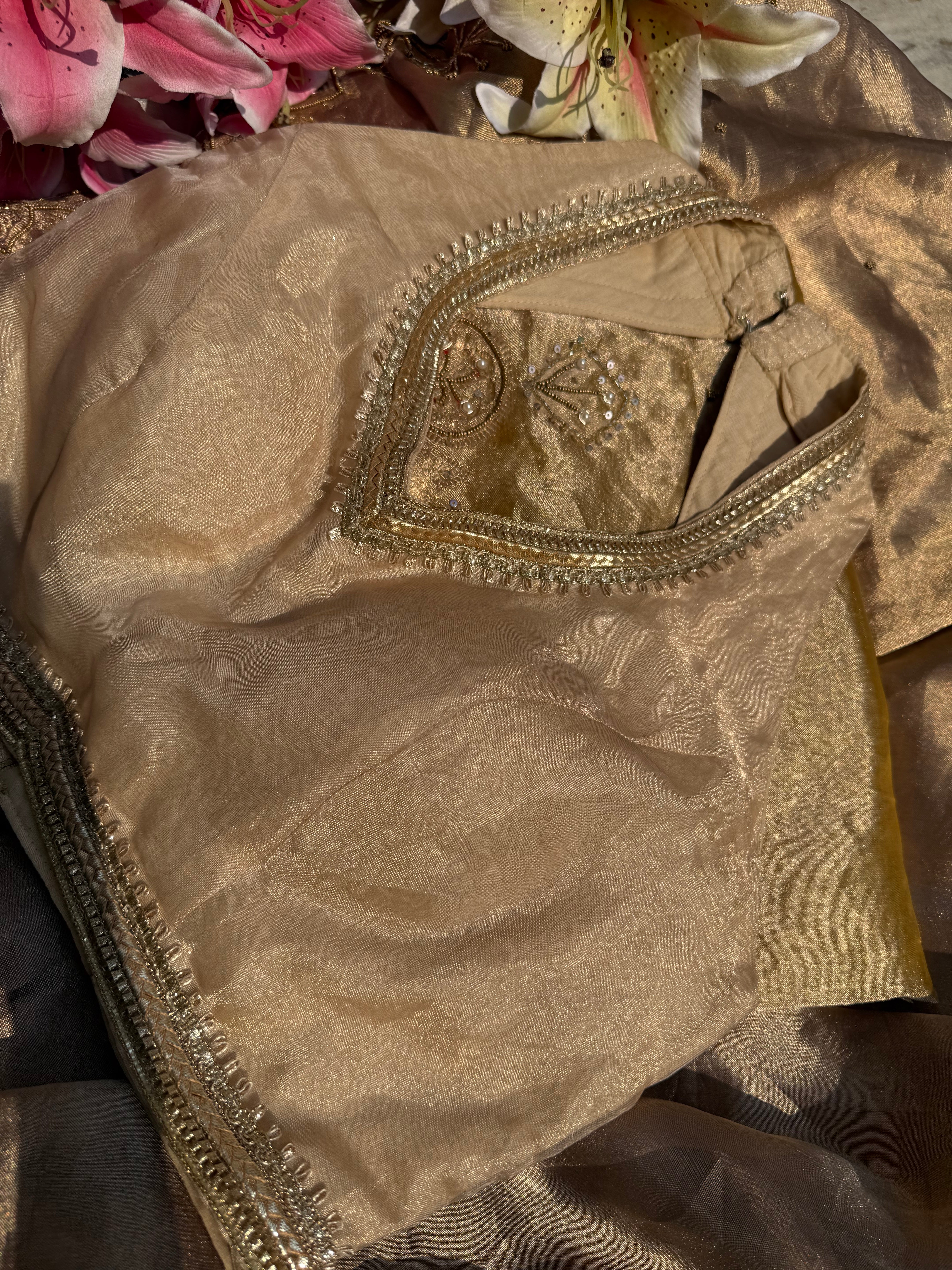 Halter neck golden tissue silk free size blouse piece