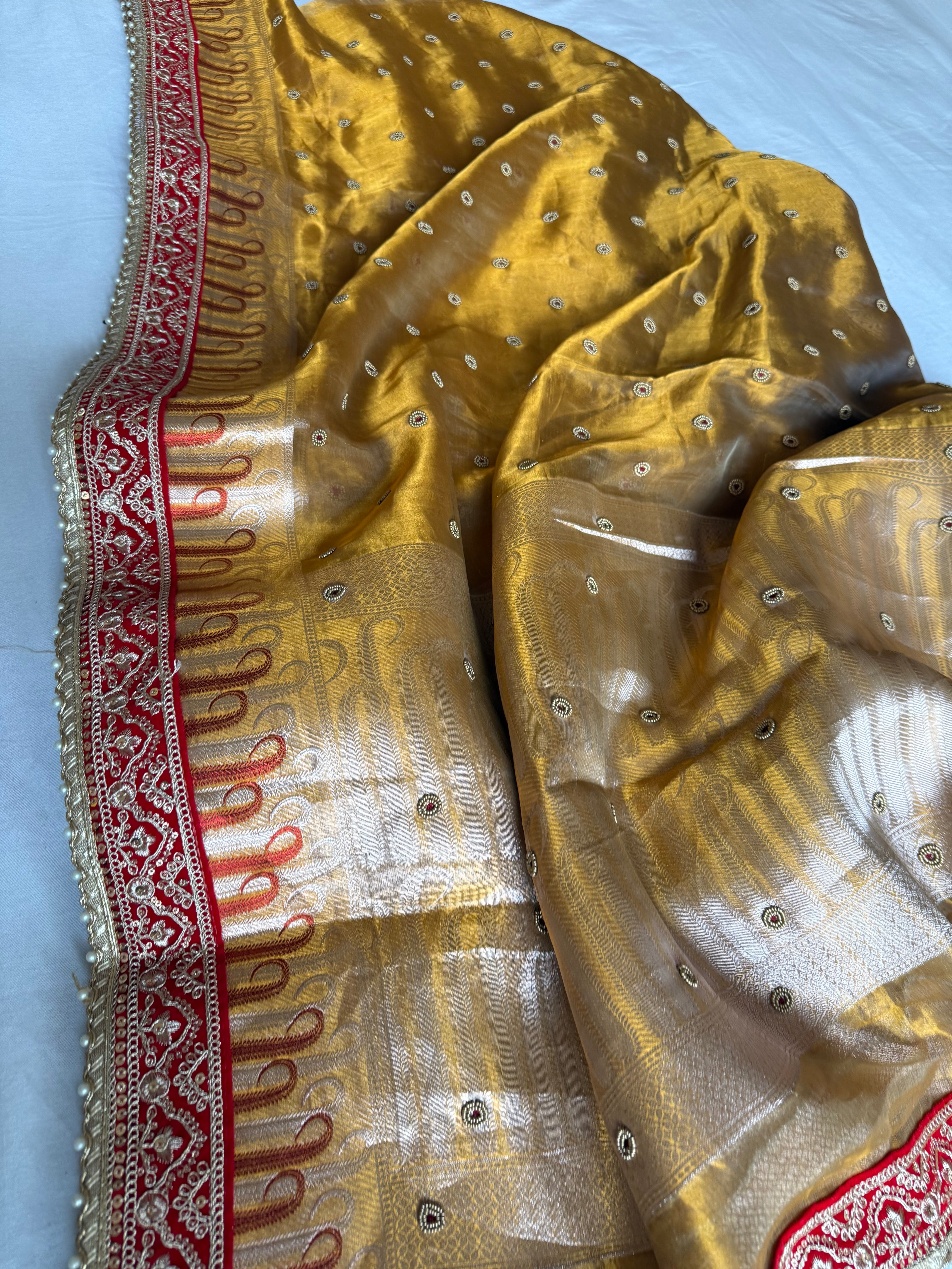 Kanjivaram gold tissue silk red meenakari hand embroidered kadhwa saree
