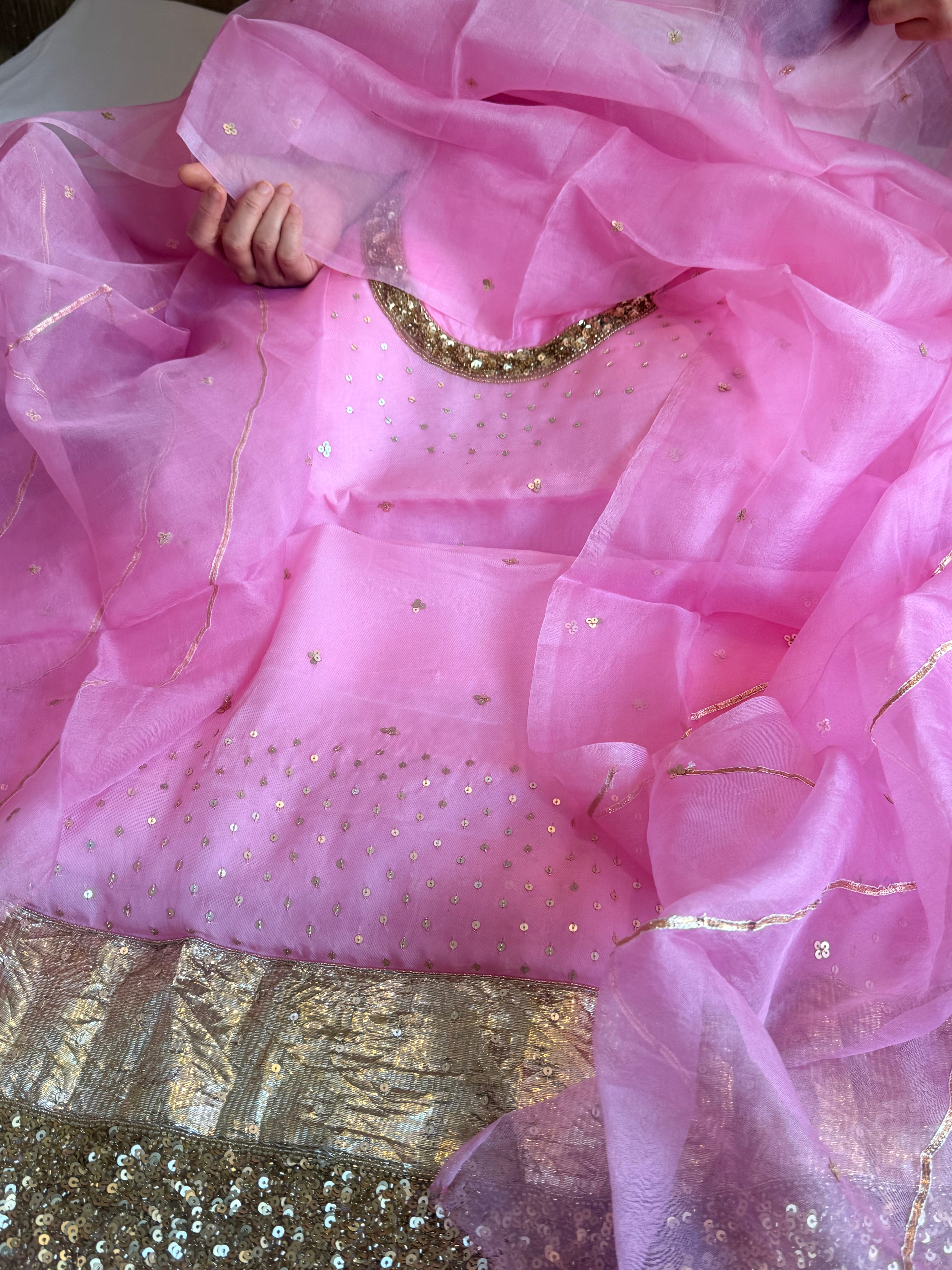 Blush lotus pink kora silk hand embroidered kadhwa suit set