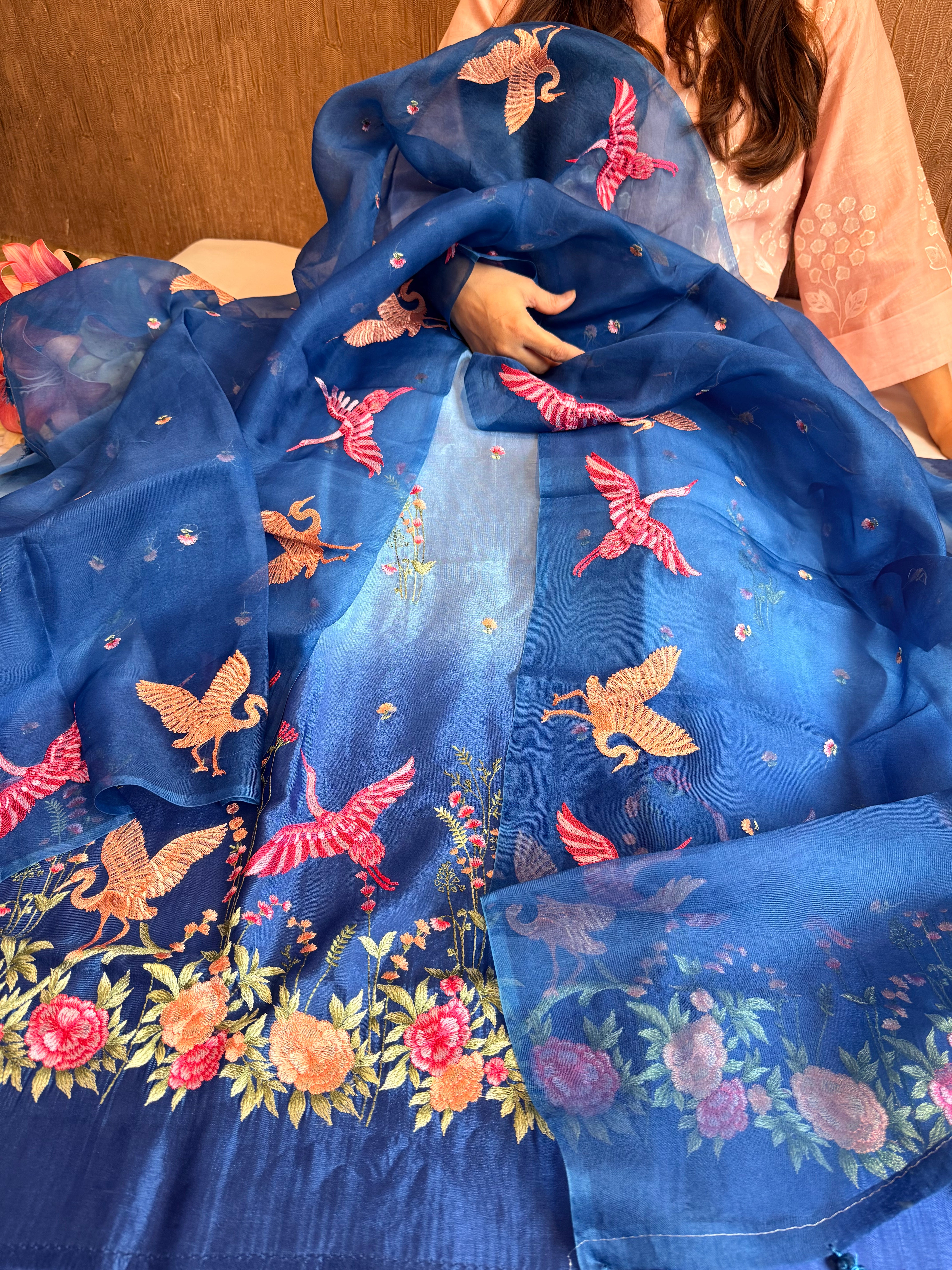 Mango silk flamingo motif hand embroidery suit set