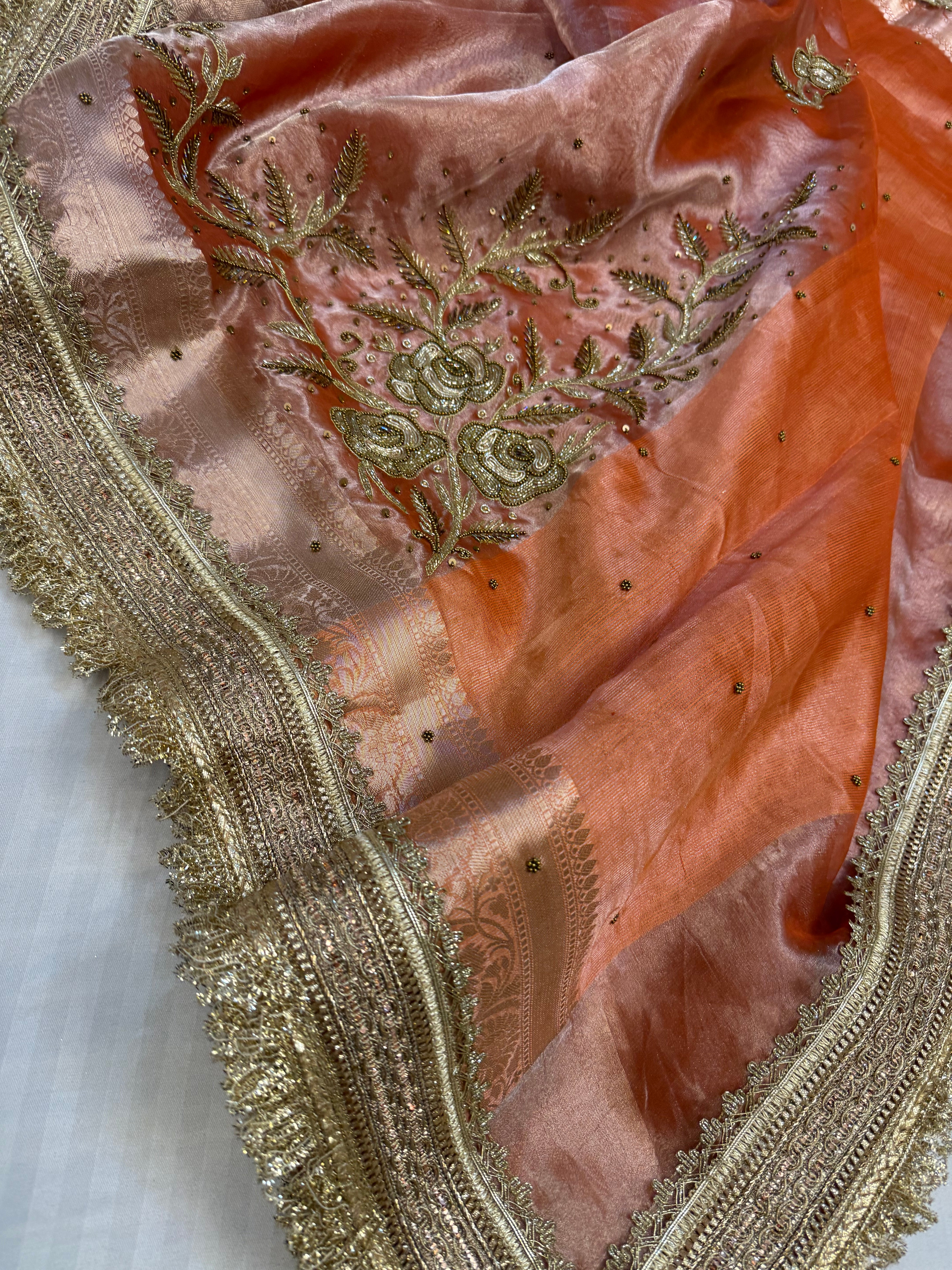 Cocktail edit sarees - Peach tissue silk heavy hand embroidered sarees