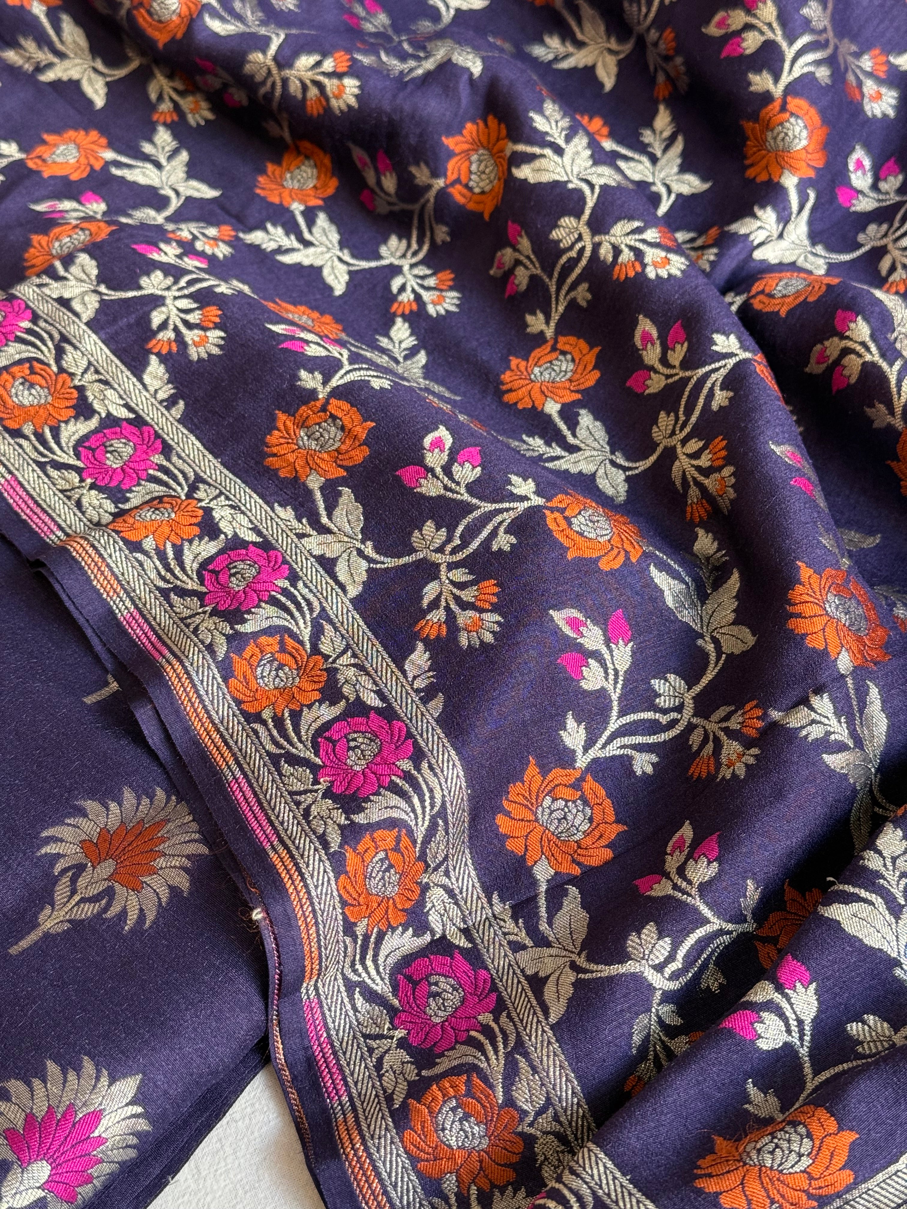 Banarasi moonga silk navy blue meenakari kadhwa suit set