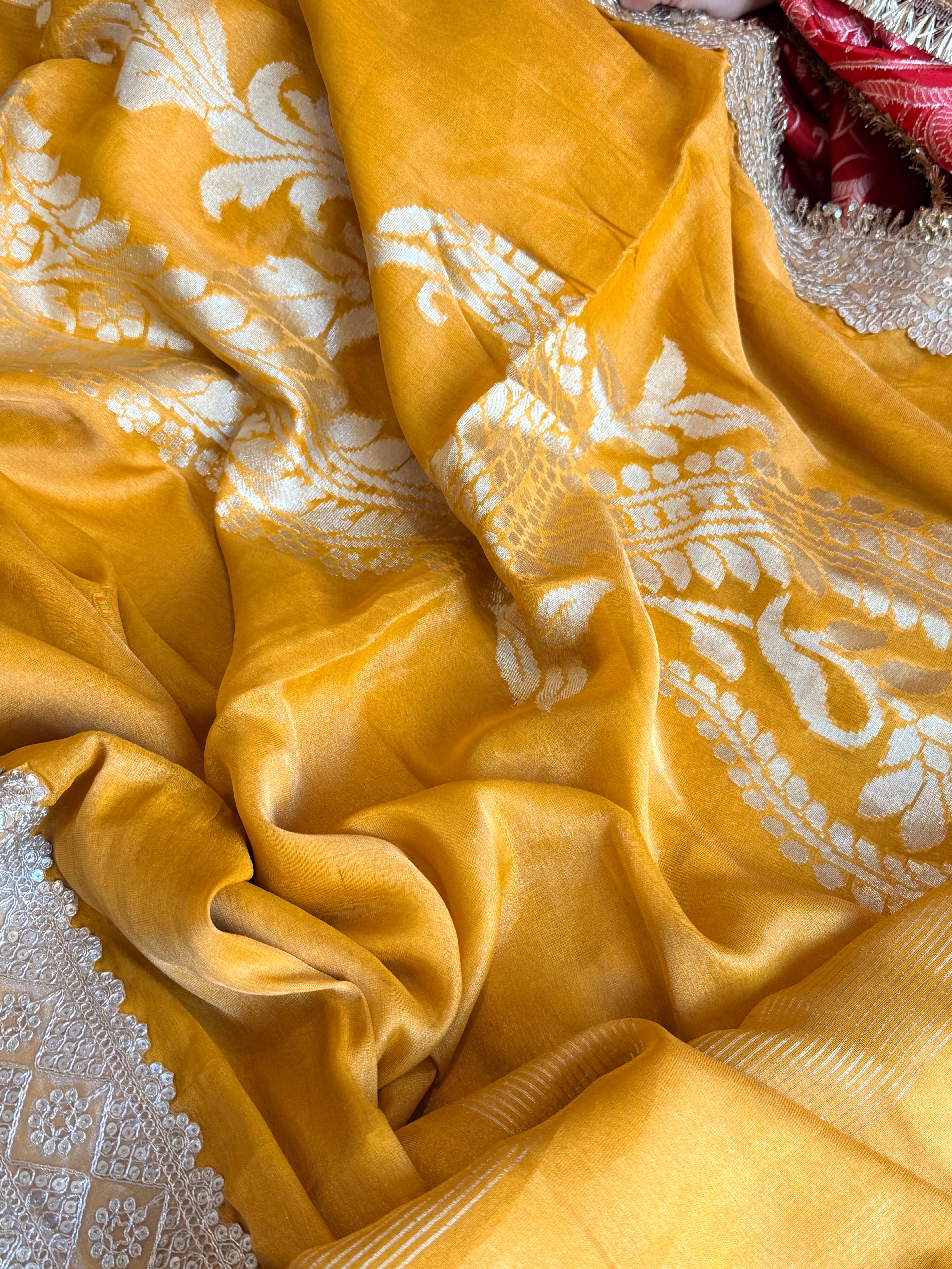 Haldi yellow tissue gorgette kadhwa motif saree