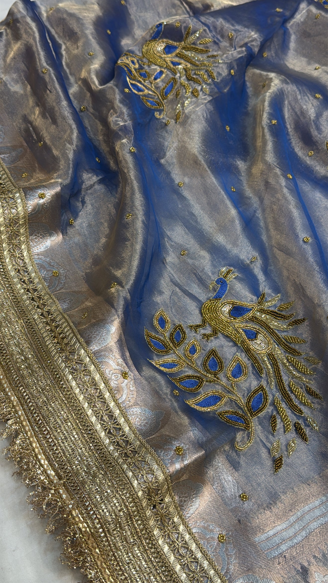 Royal ink blue tissue silk peacock motif kadhwa hand embroidered saree