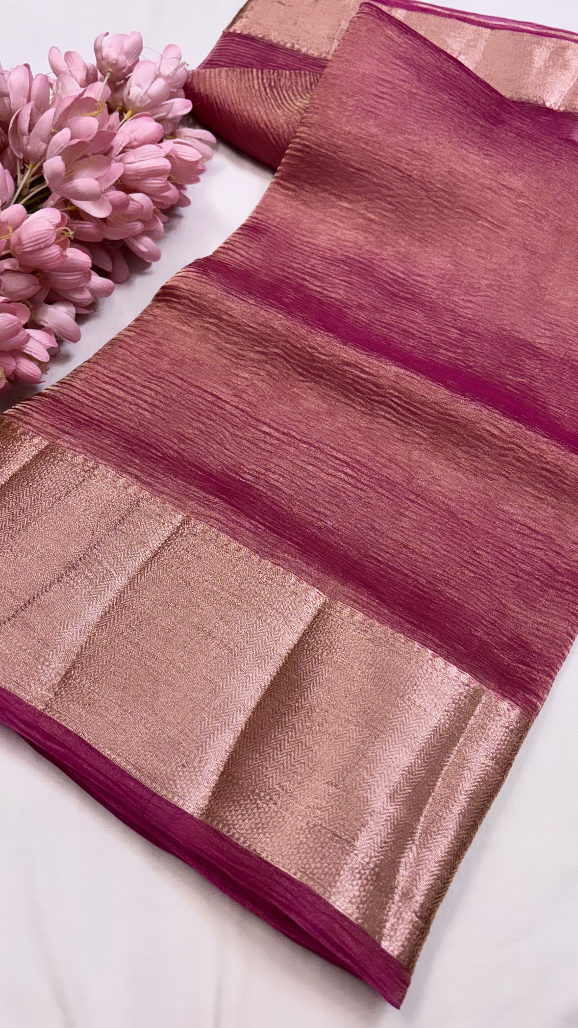 Pure banarasi cherry pink crushed tissue silk handwoven kadhwa saree with intricate border and kadhwa blouse