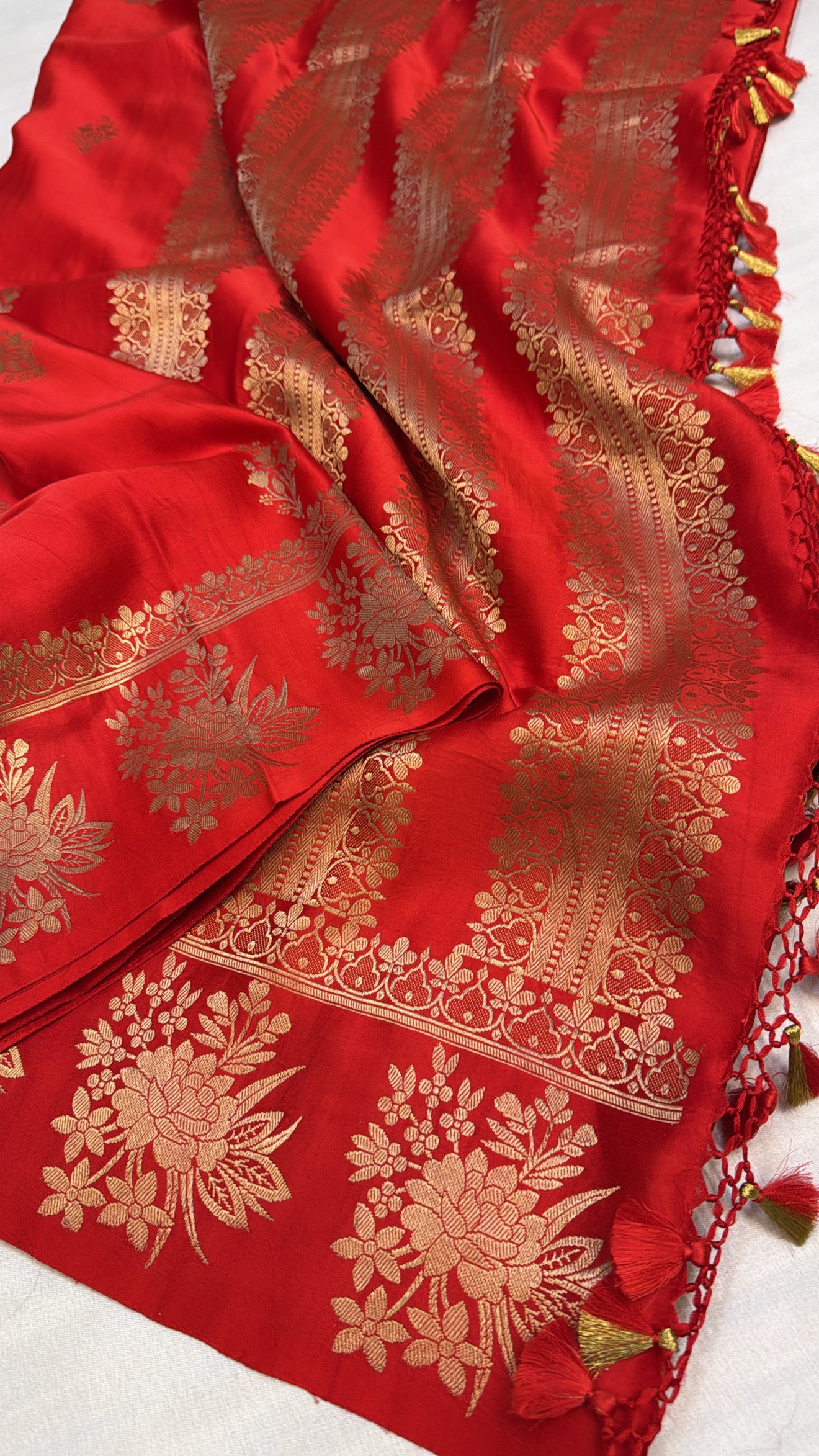 Mashru satin silk crimson red shade banarasi saree