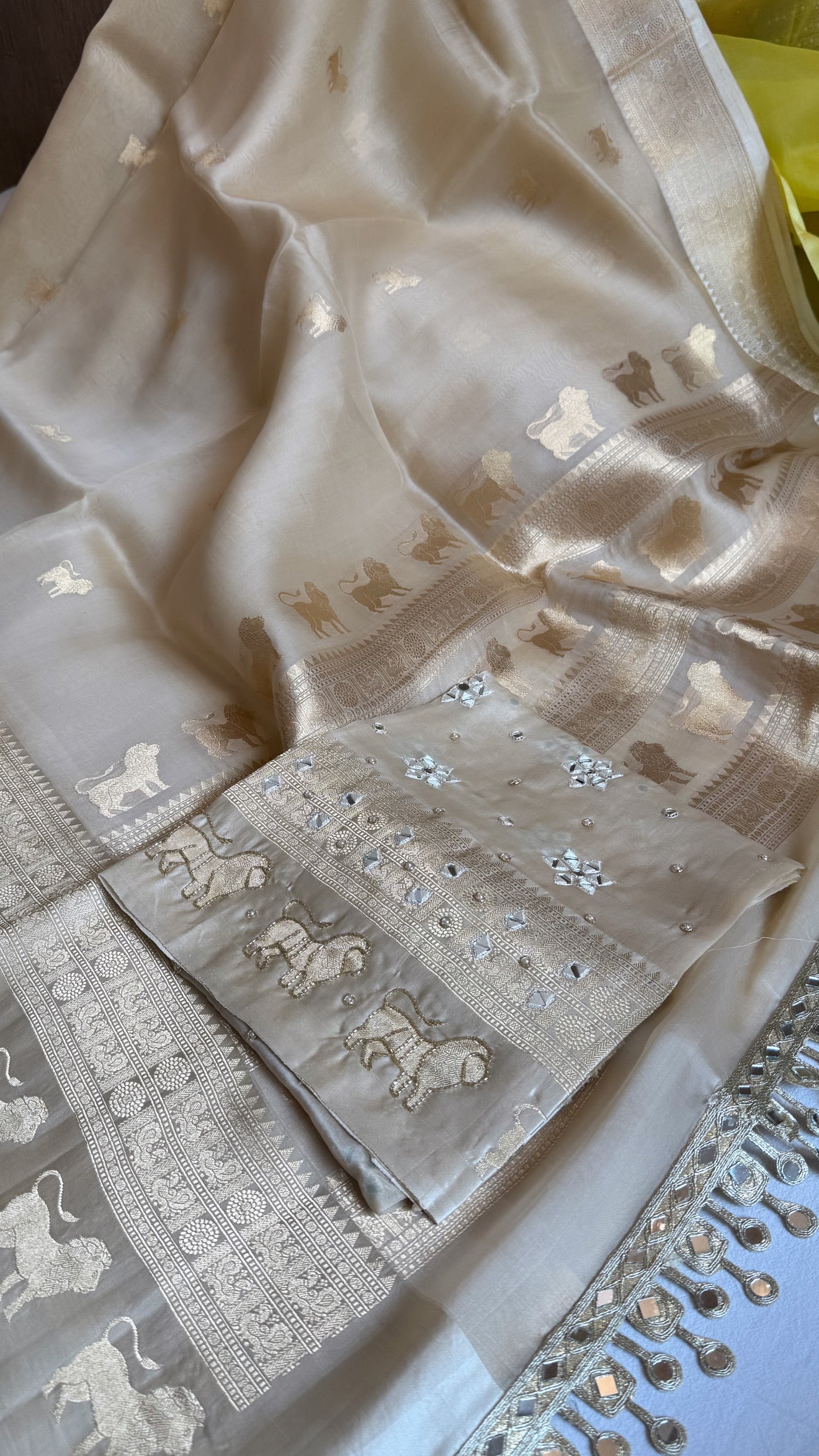 Champagne gold kora silk hand embroidered kadhwa saree