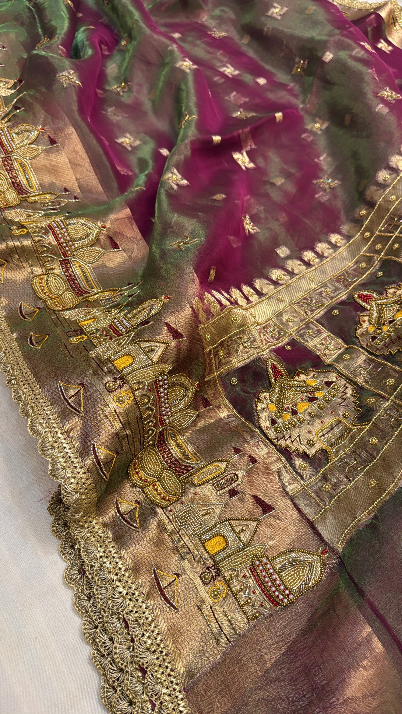 Gangaghat edit pinkish green dhup chao effect hand embroidered saree