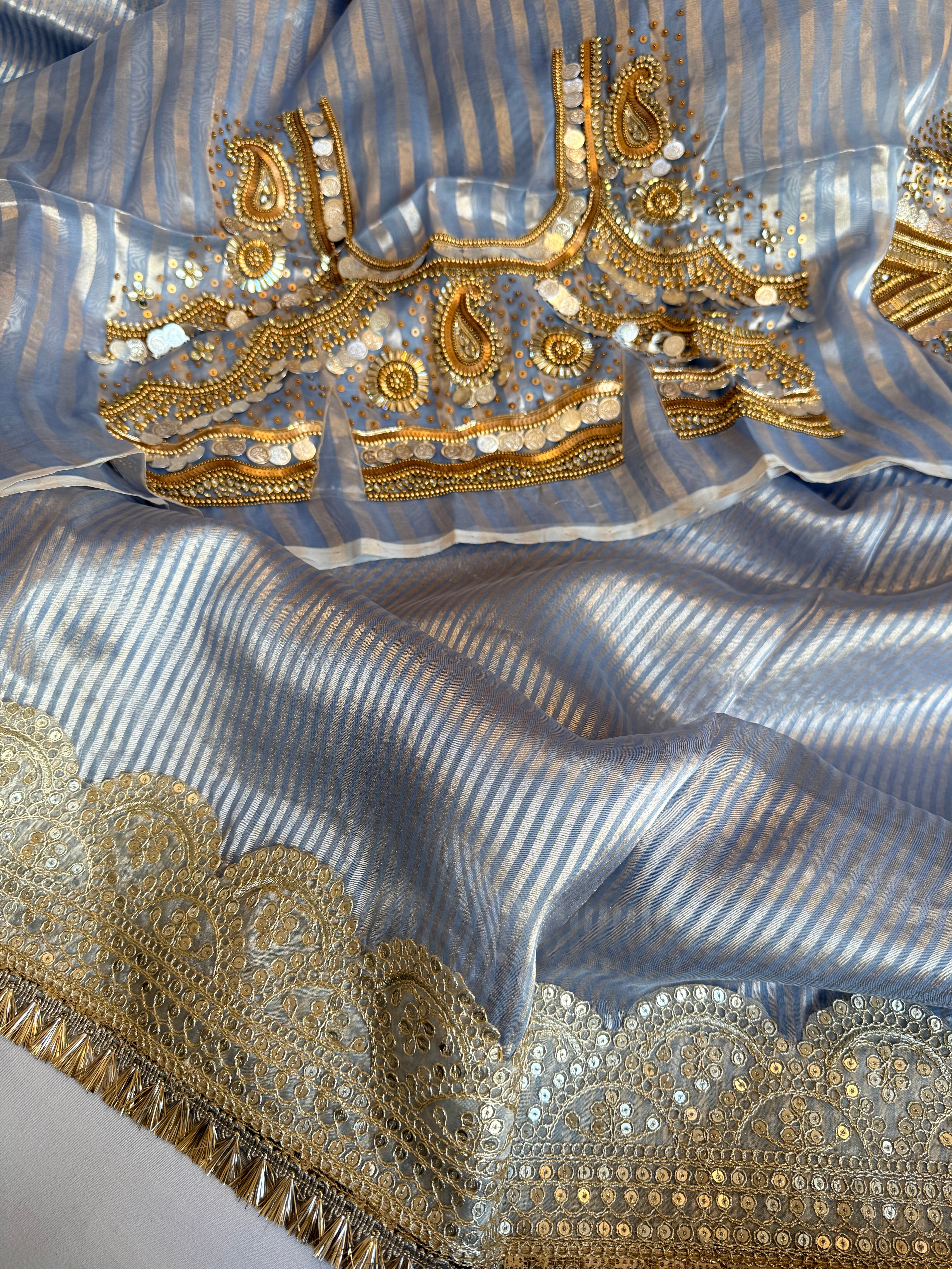 Kundan blouse edit -  tissue silk hand embroidered striped saree with jewellery blouse
