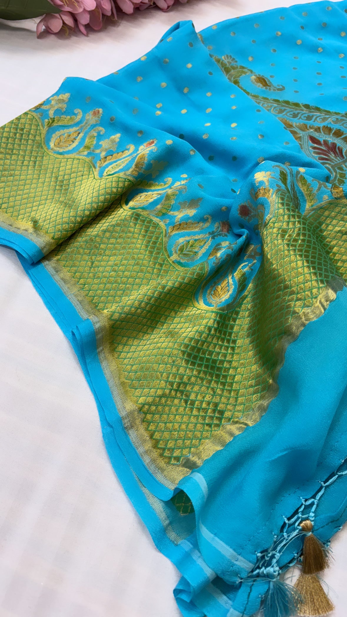 Banarasi gorgette firozi blue kadhwa brush dyed duppata