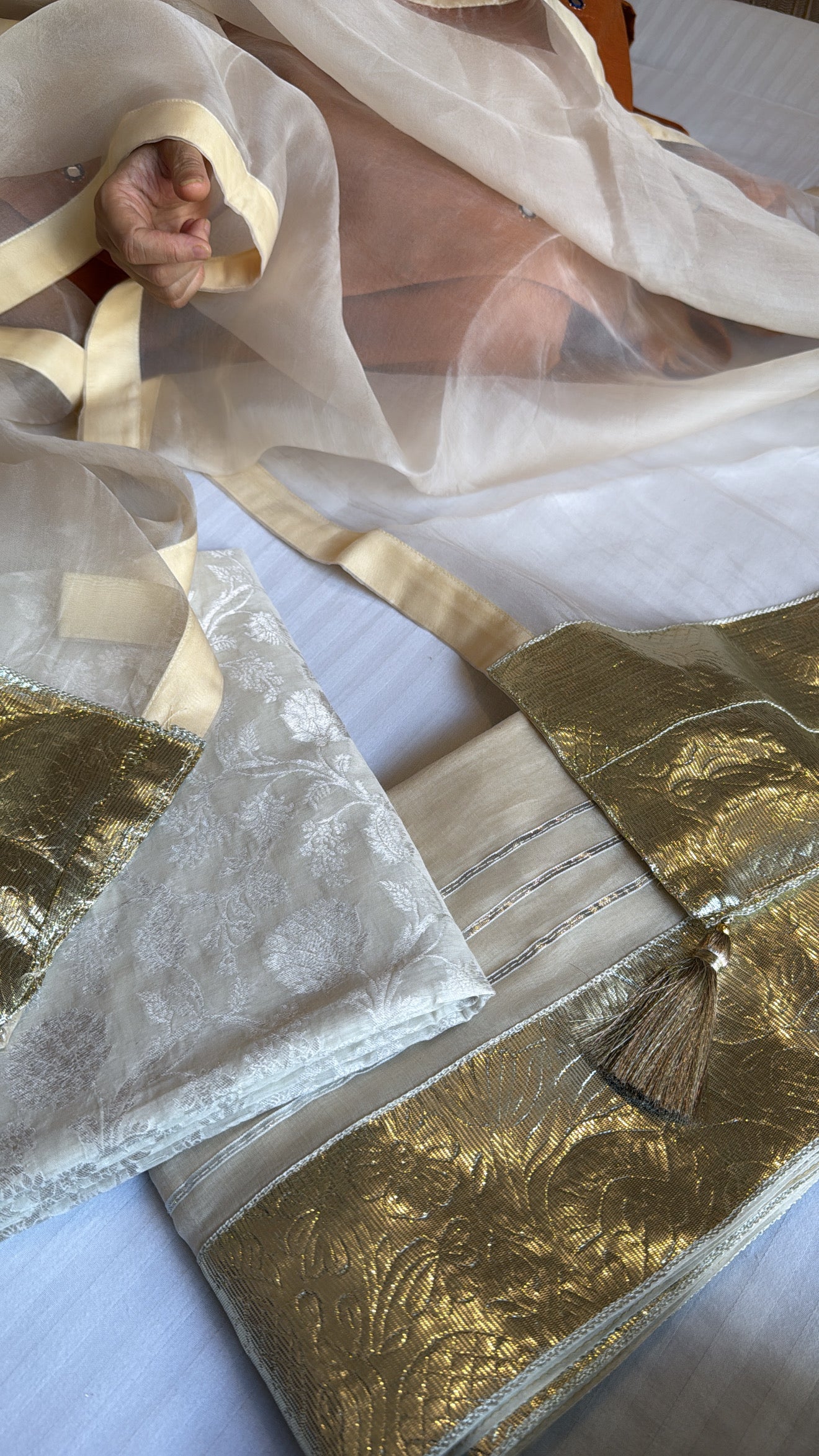 Ivory handloom cotton kadhwa jaal gotapatti suit set with kora silk gotapatti duppata